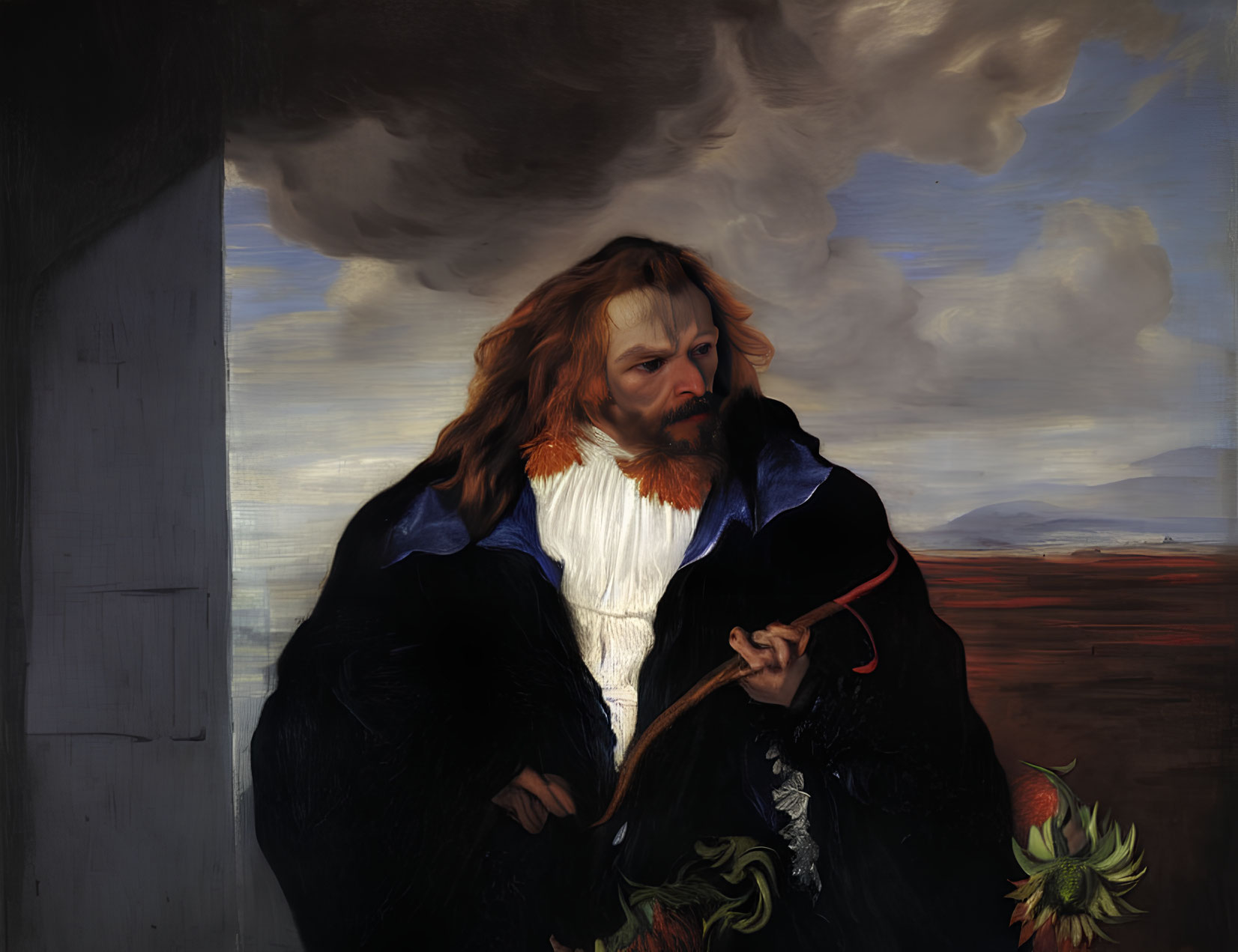 Classical oil painting portrait of bearded man in black robe with staff