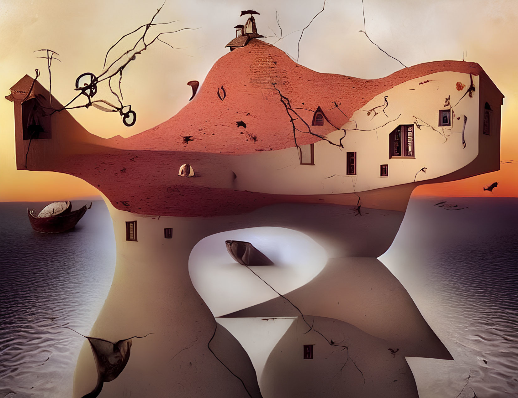 Surreal landscape with house-like structure, boat, and floating elements at sunset