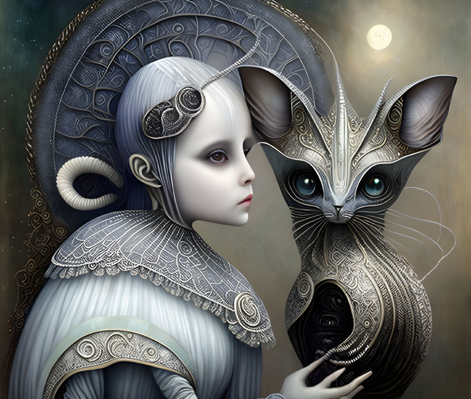 Pale elfin child with silver hair and ornate sphynx cat under moonlit sky