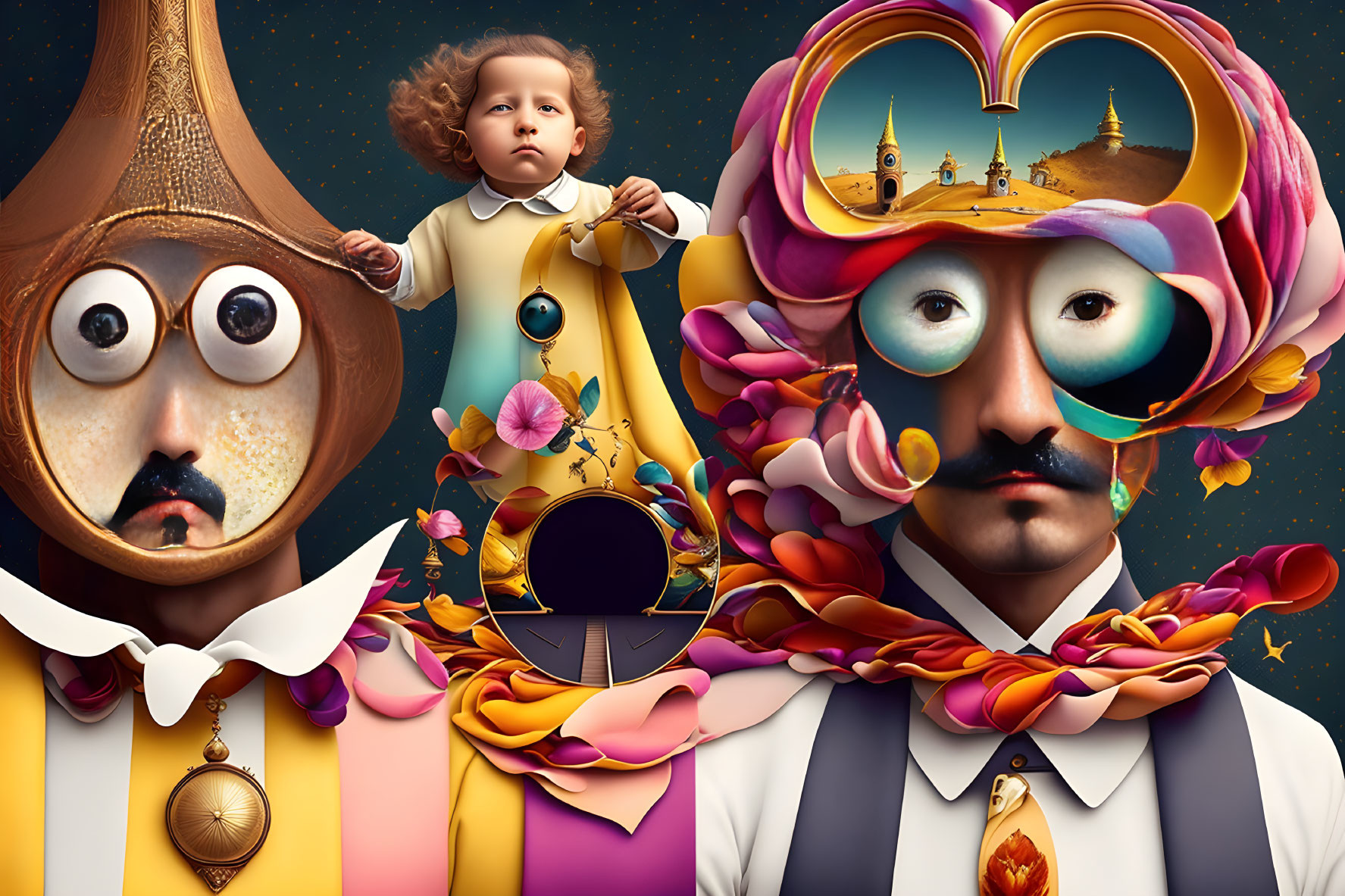Whimsical surreal artwork: Bell-shaped face, heart-shaped cutout, child floating