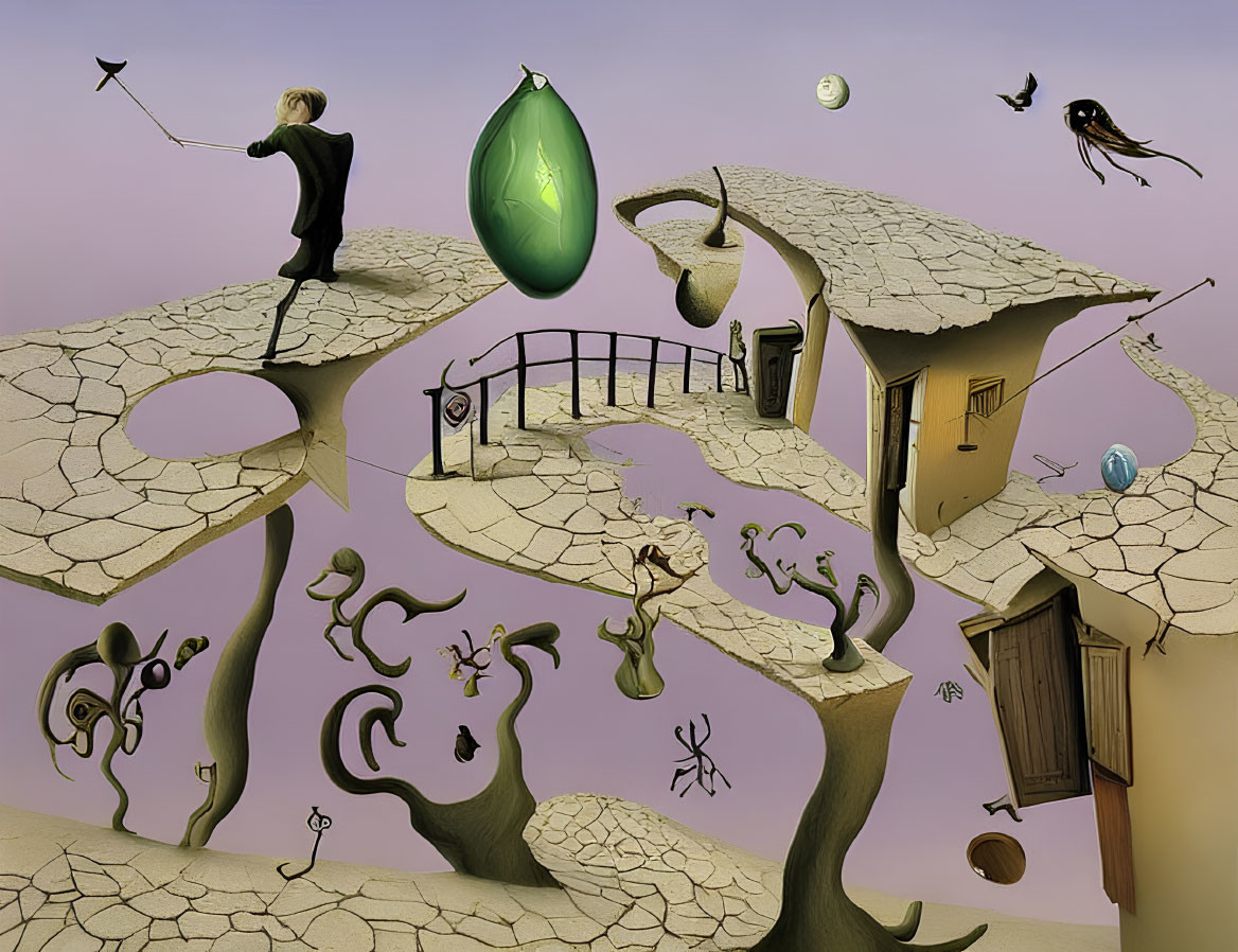Surreal landscape with wand-wielding figure, giant green droplet, cracked earth, whimsical