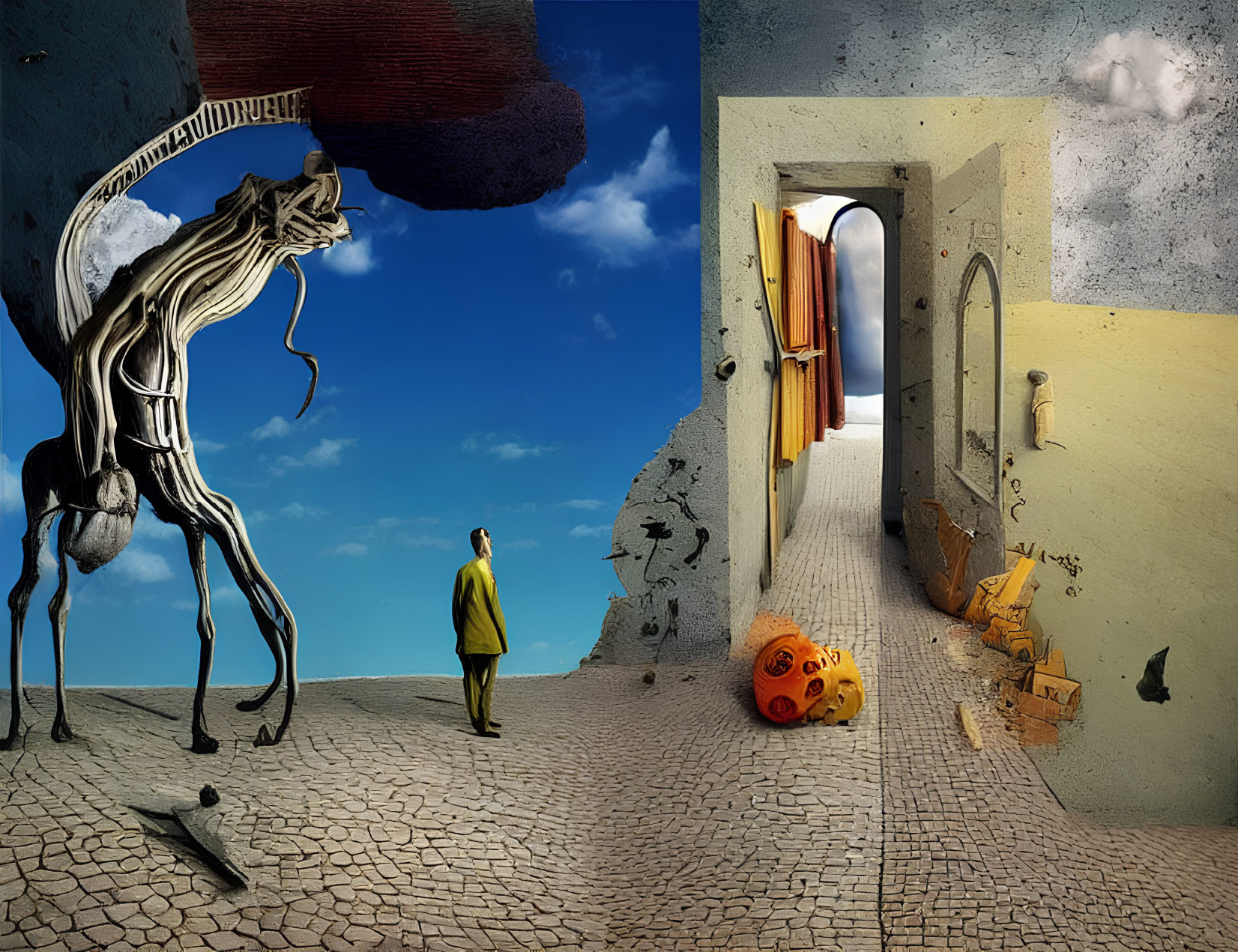 Surreal landscape with person in yellow coat and skeletal horse