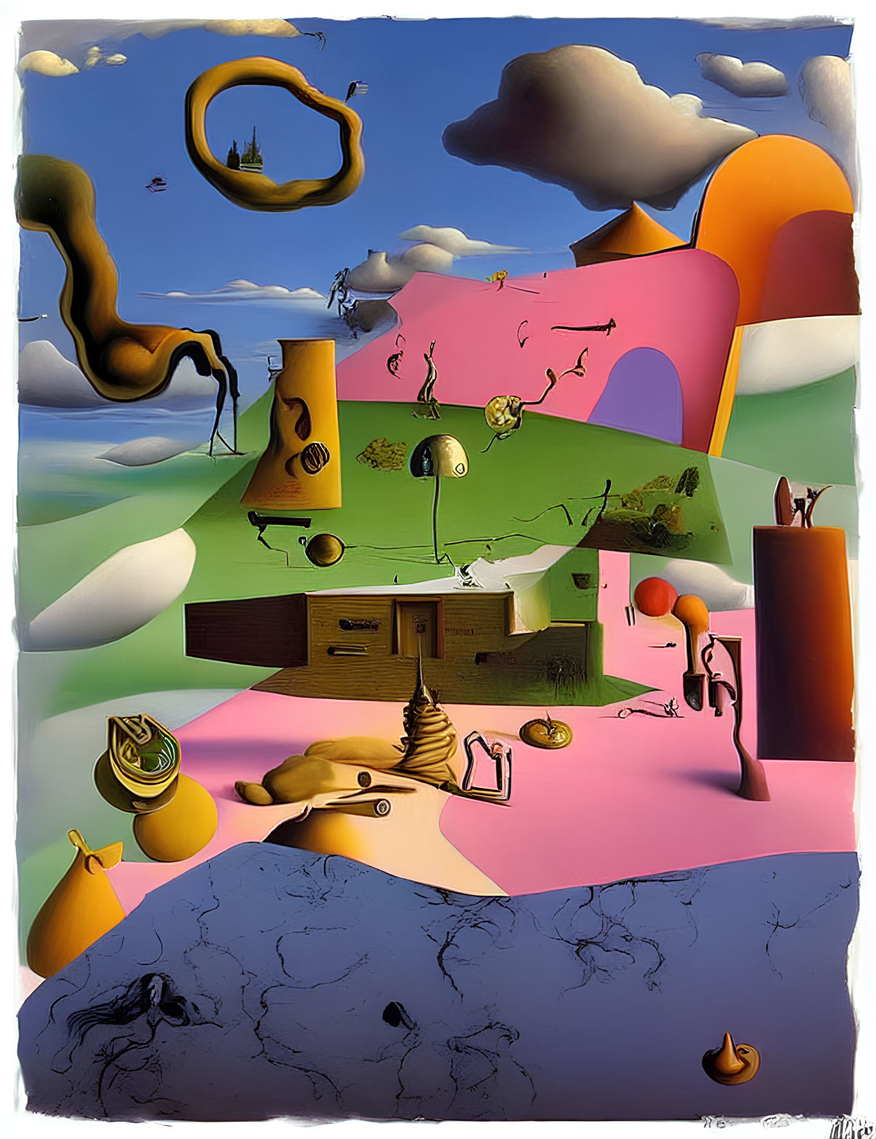 Surreal landscape with melting objects and distorted shapes