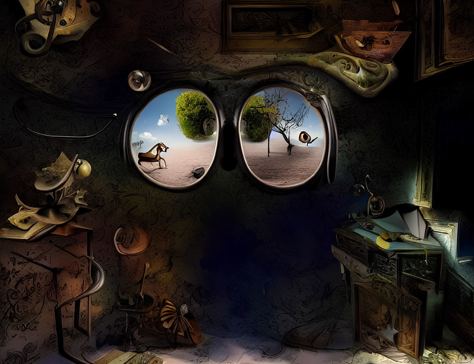 Surreal room with glasses-shaped windows and whimsical decor