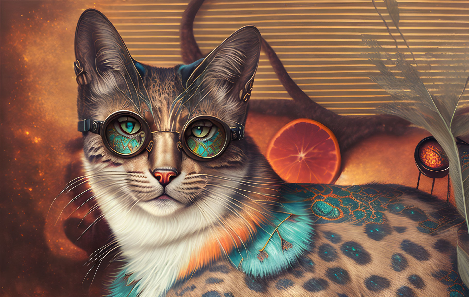 Steampunk-inspired cat digital artwork with mechanical details on orange backdrop