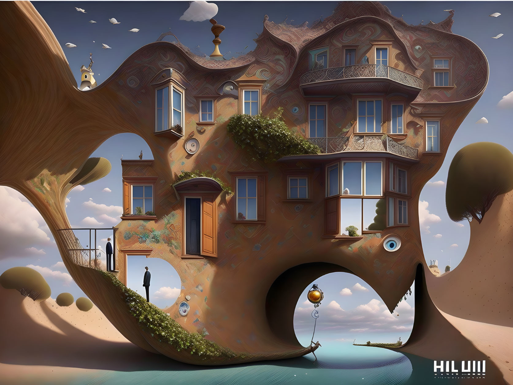 Whimsical surreal treehouse with floating islands and fishing person