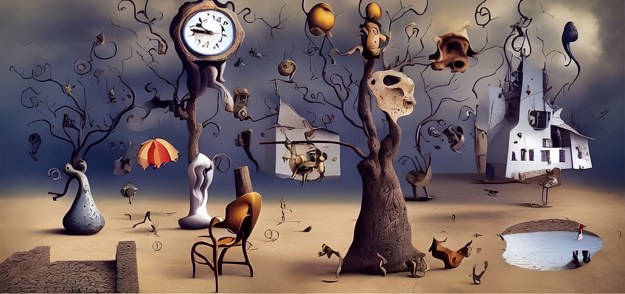 Surreal landscape with melting clocks, twisted trees, floating furniture, church, and anthropomorphic objects