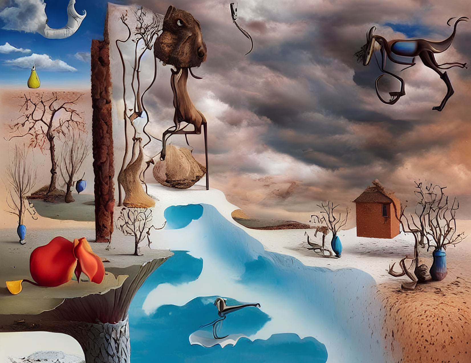 Surreal landscape featuring distorted animals, barren trees, and floating elements.