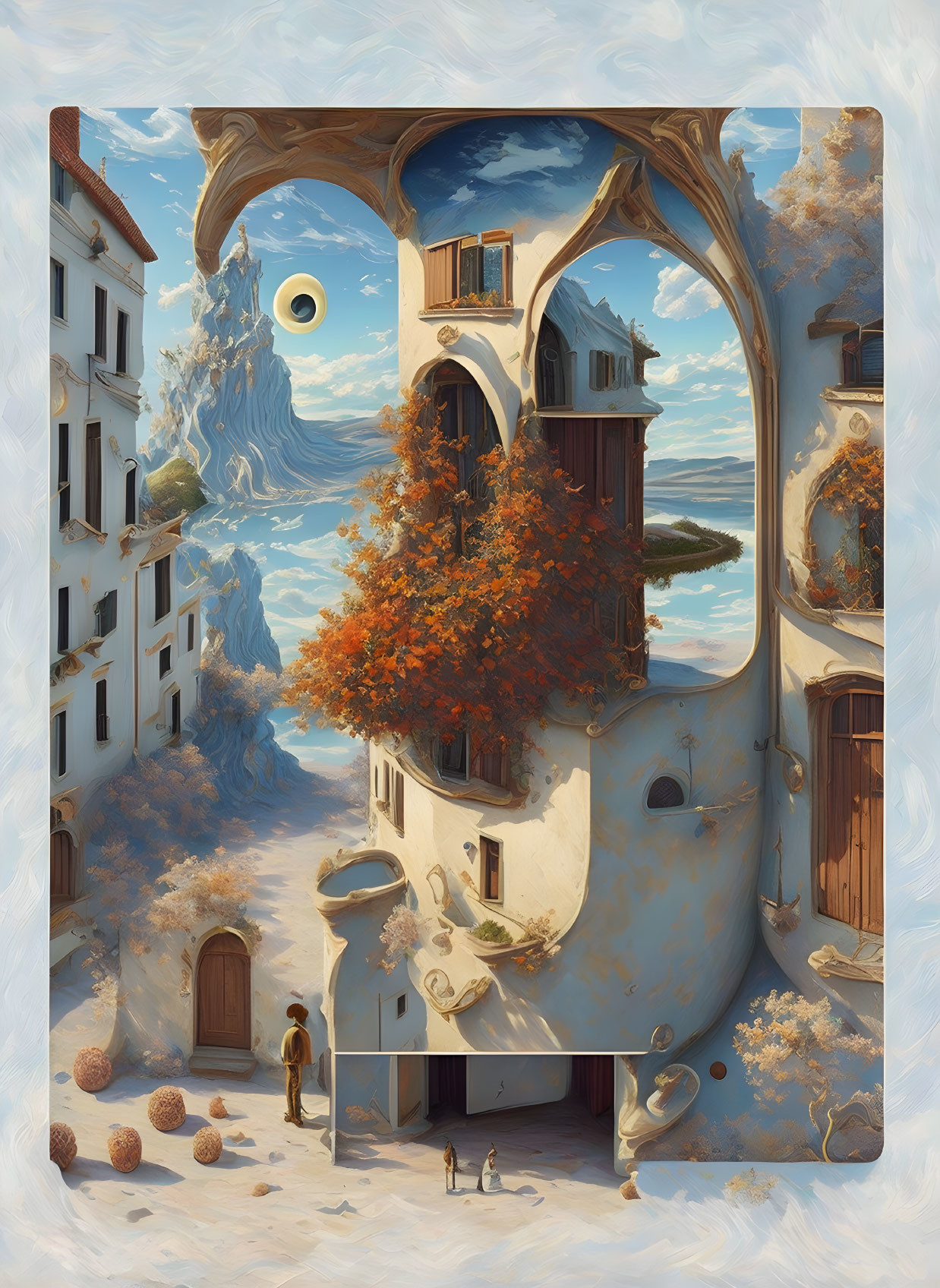 Surreal autumn tree in Escher-like labyrinth with whimsical buildings, floating islands, and twin