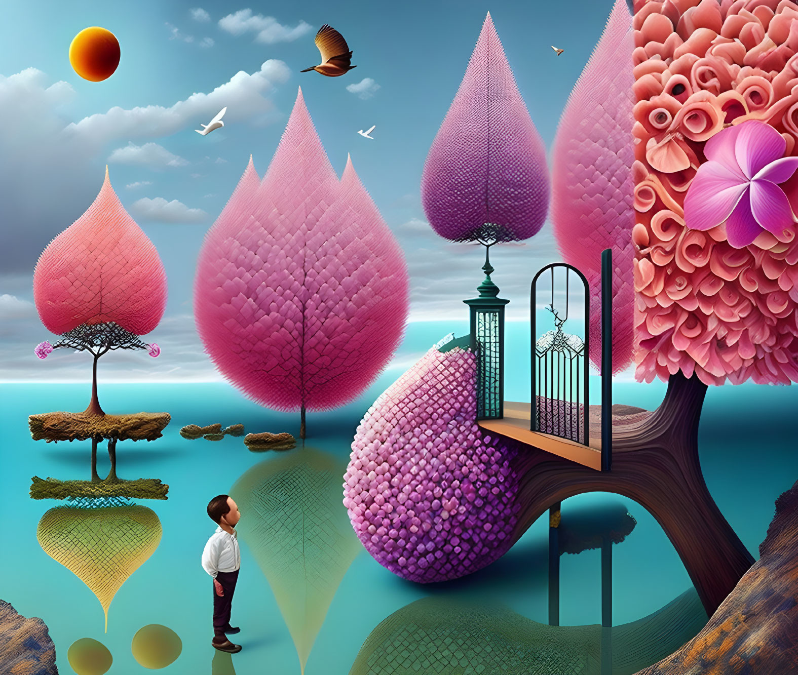 Colorful landscape with geometric tree-like structures, floating island, staircase, and vibrant flora.