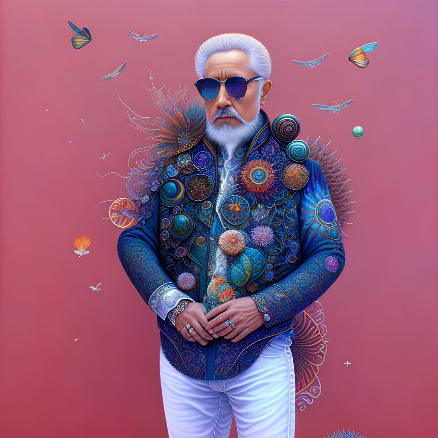 Elderly man in sunglasses and colorful jacket on red background