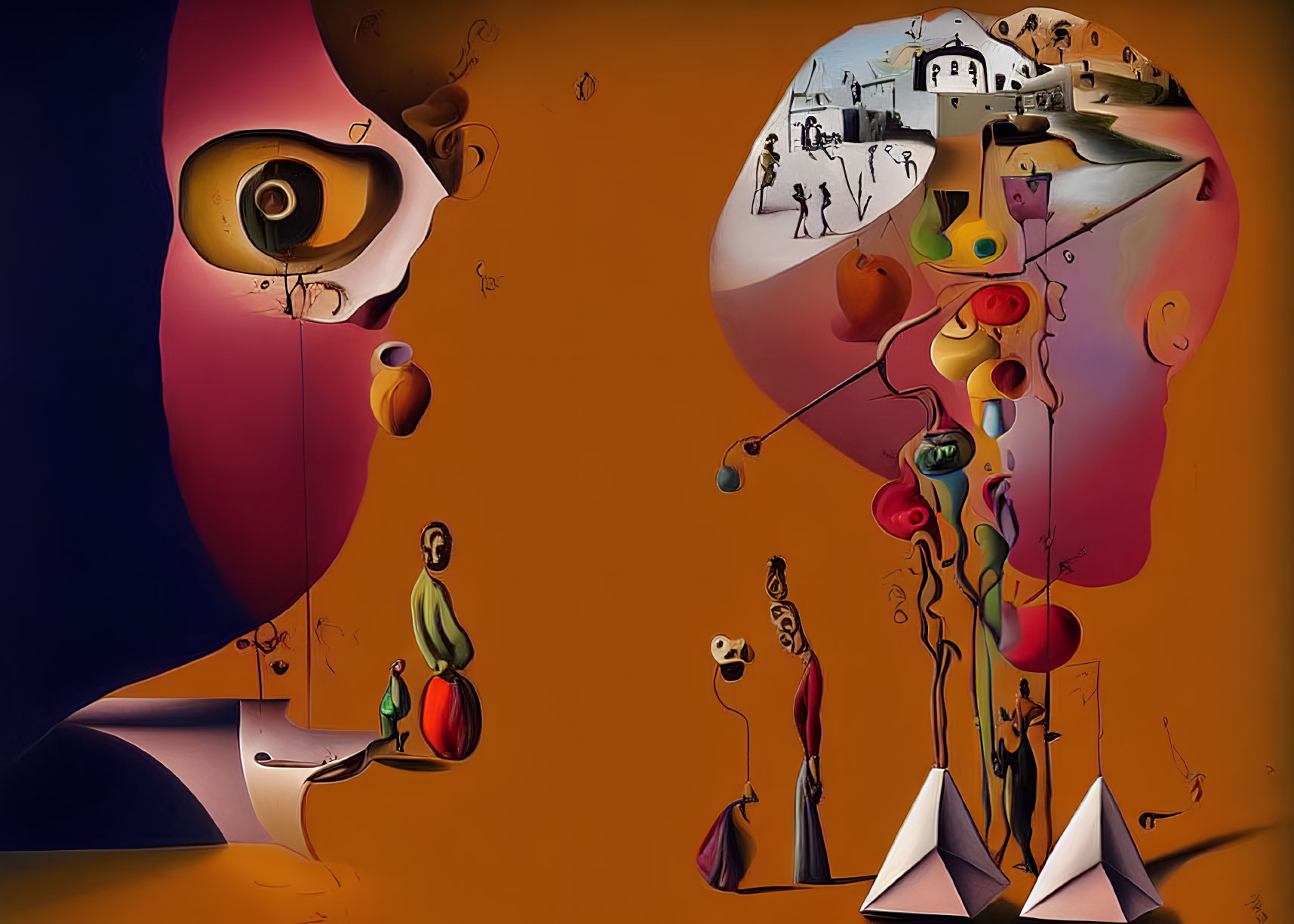 Abstract surreal artwork: Stylized faces, landscapes, figures, and shapes in warm colors
