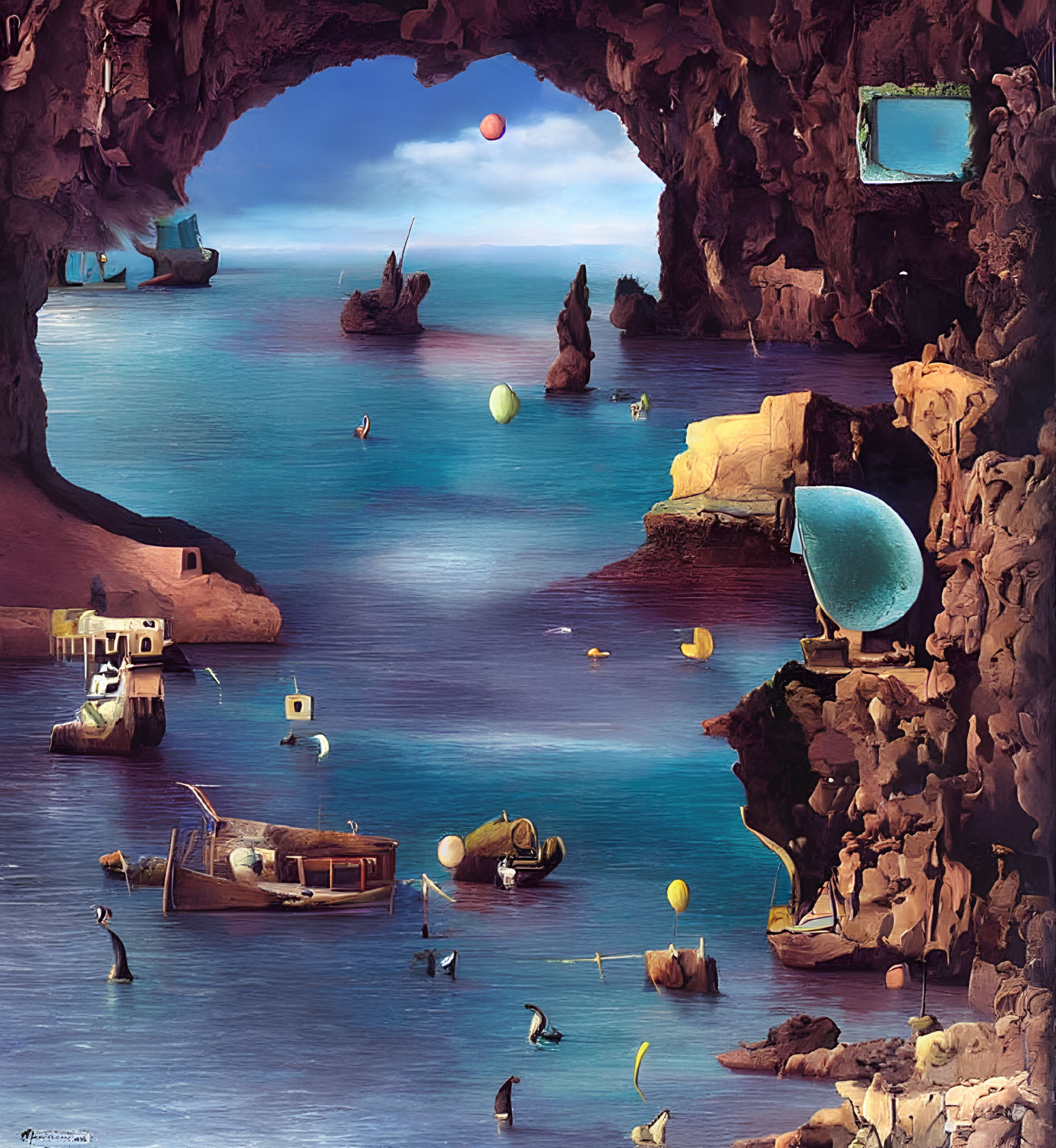 Colorful surrealistic seascape with floating balloons and whimsical ships.