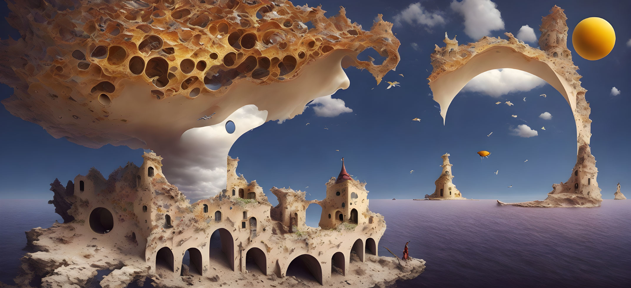 Surreal landscape with honeycomb-like rocks, floating islands, hot air balloons, calm sea,
