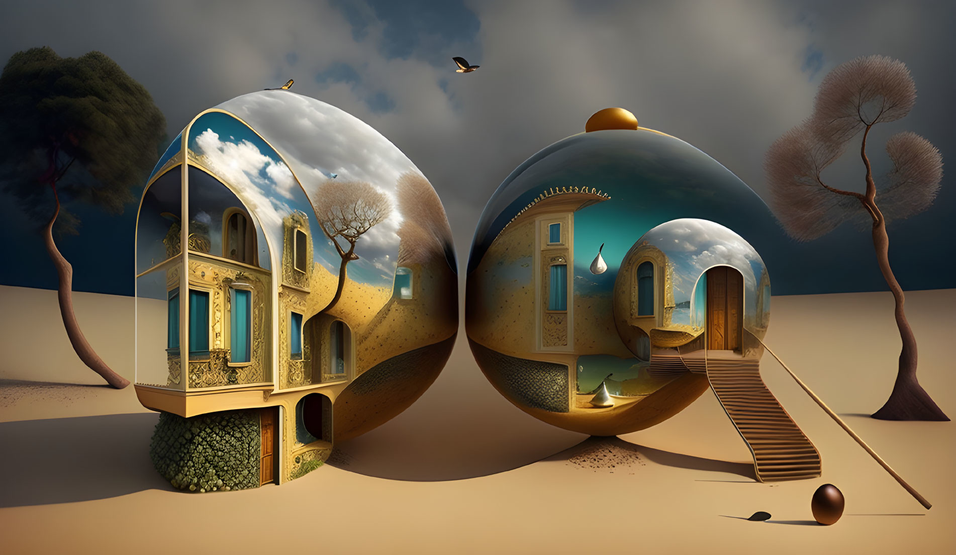 Surreal landscape with oversized reflective spheres merging architecture and nature