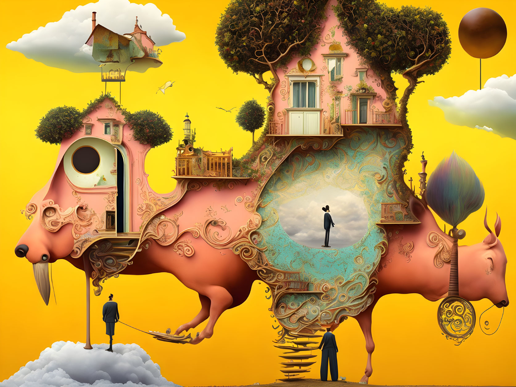 Surreal golden illustration with flying house, people, trees, balloon, and rhinoceros