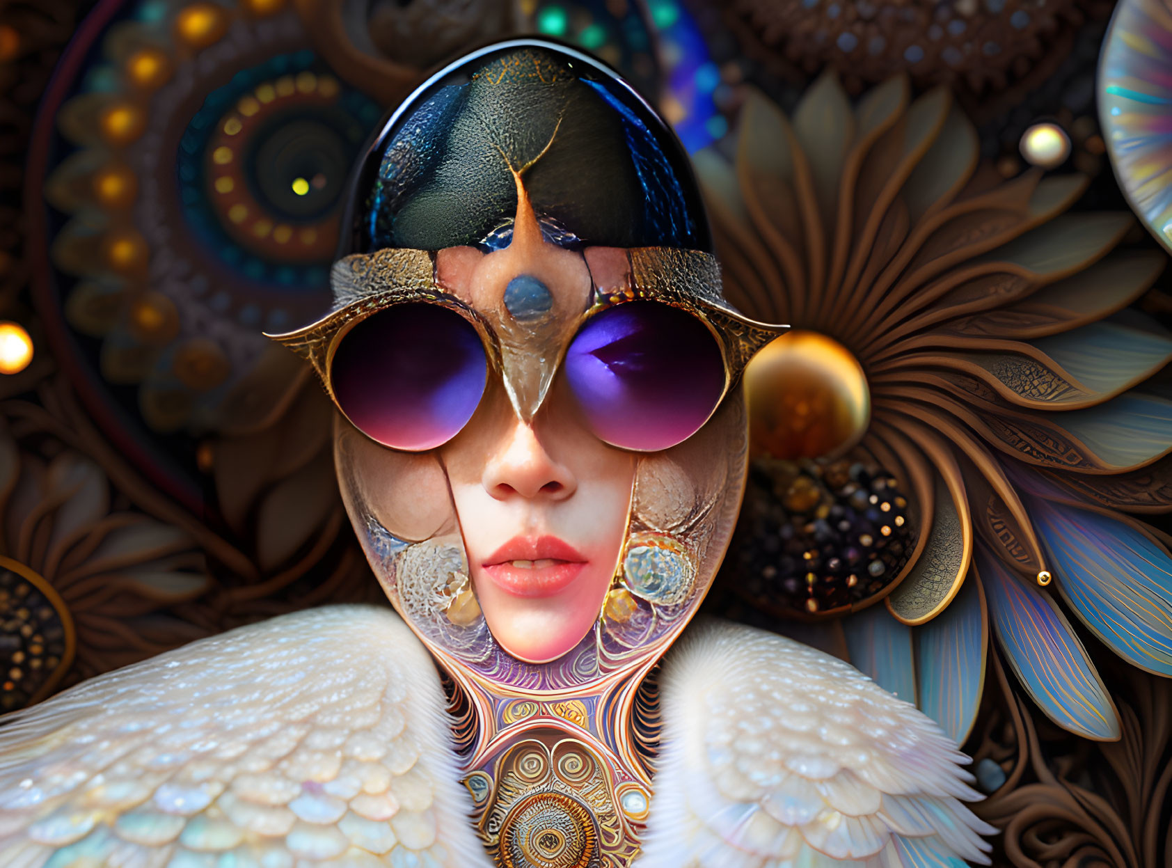 Ornate surreal portrait with circular sunglasses and angelic wings
