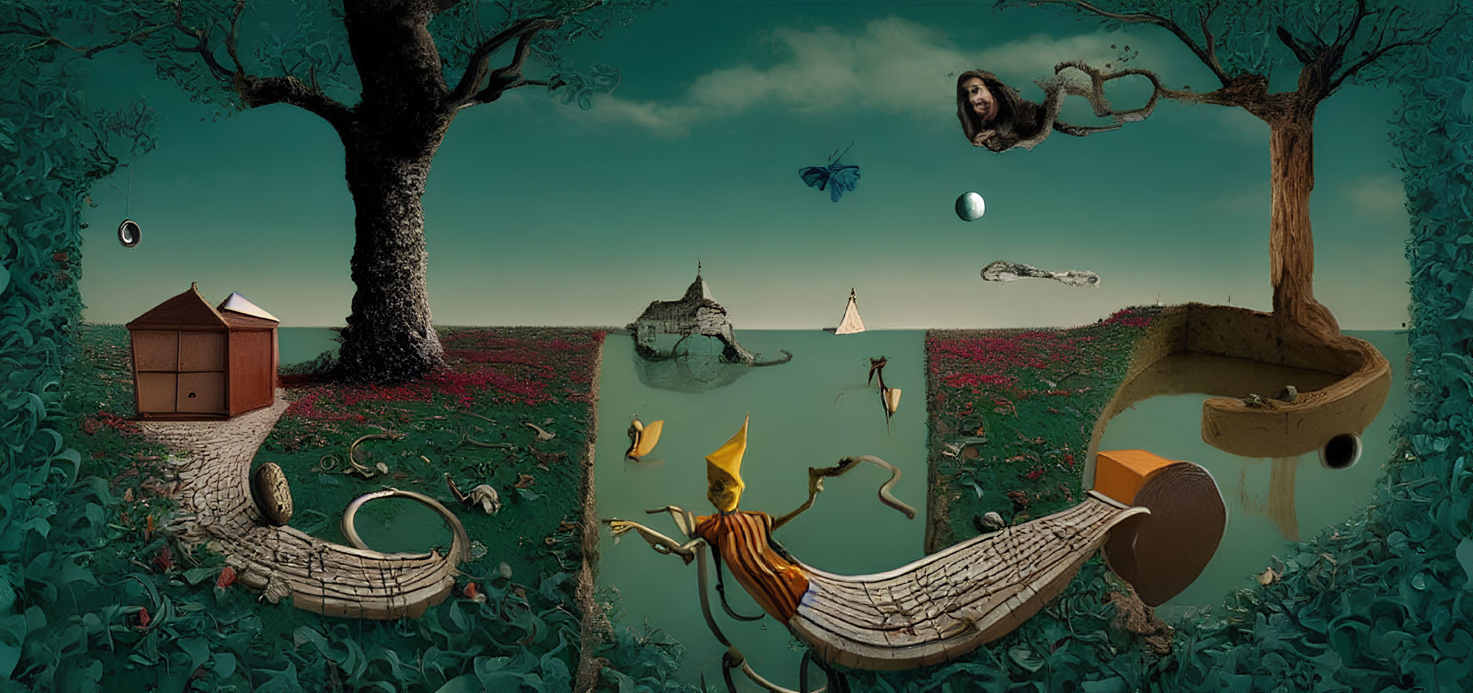 Surreal landscape with floating elements, woman in circular frame, boats, and house