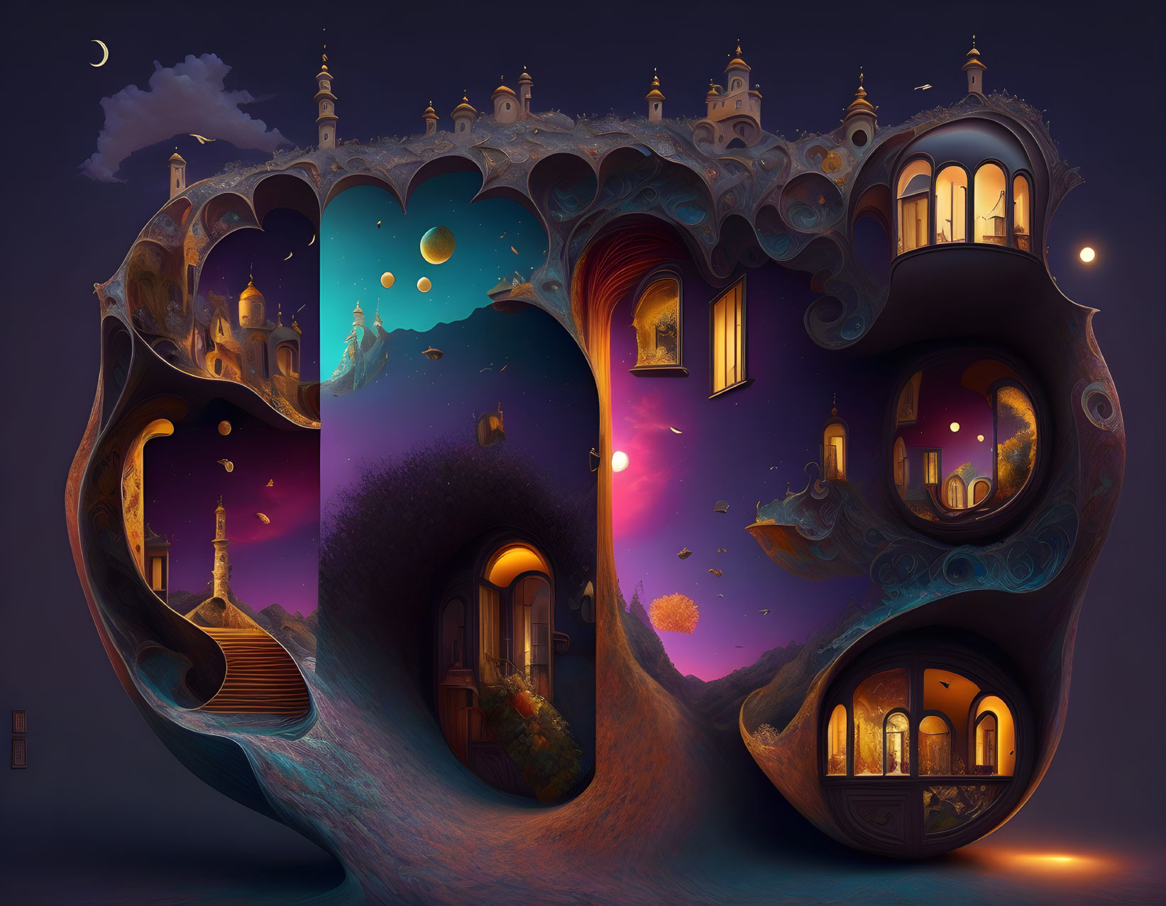 Intricate surreal architecture in cosmic nightscape