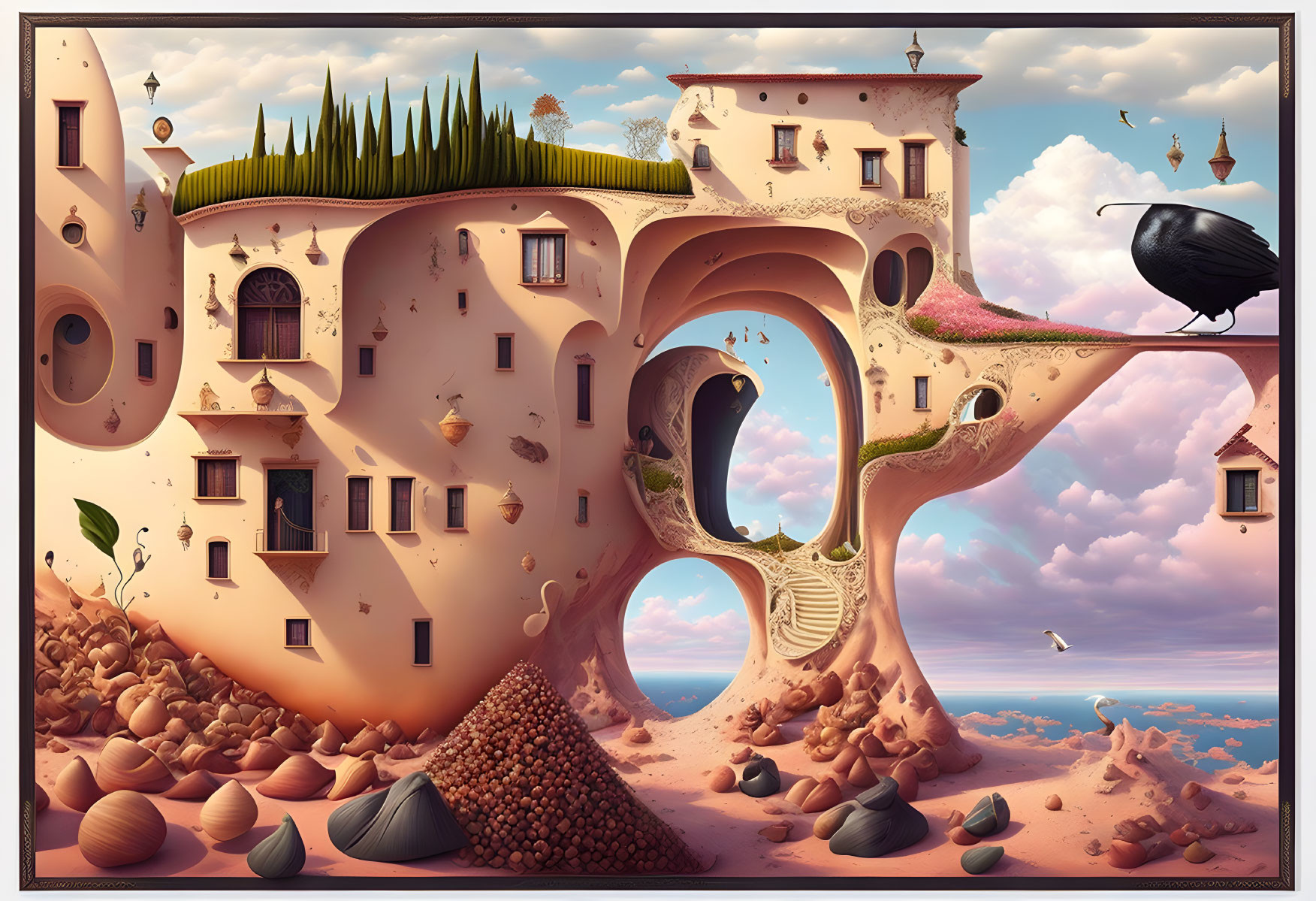 Whimsical tree-like building in surreal landscape with black bird and pink clouds