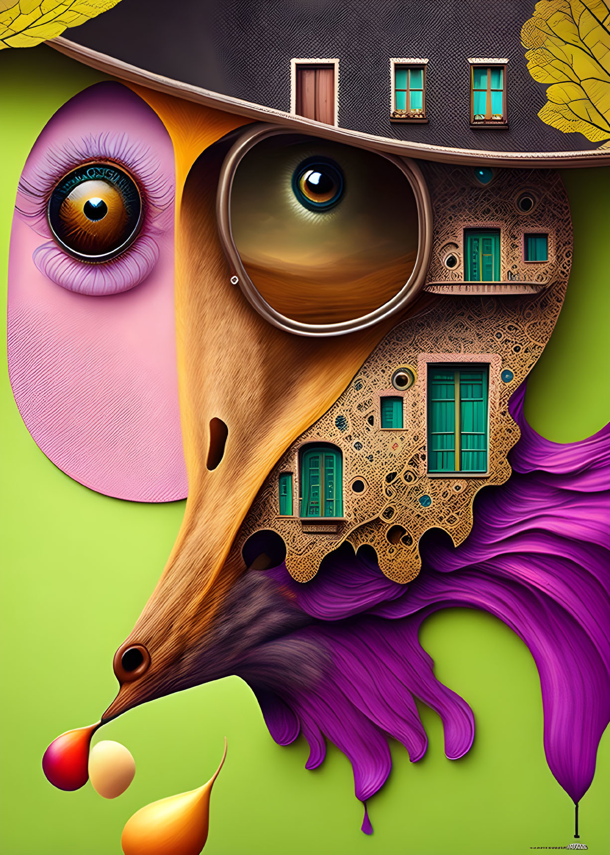 Surreal eye art: colorful landscape with house, windows, doors, tree details