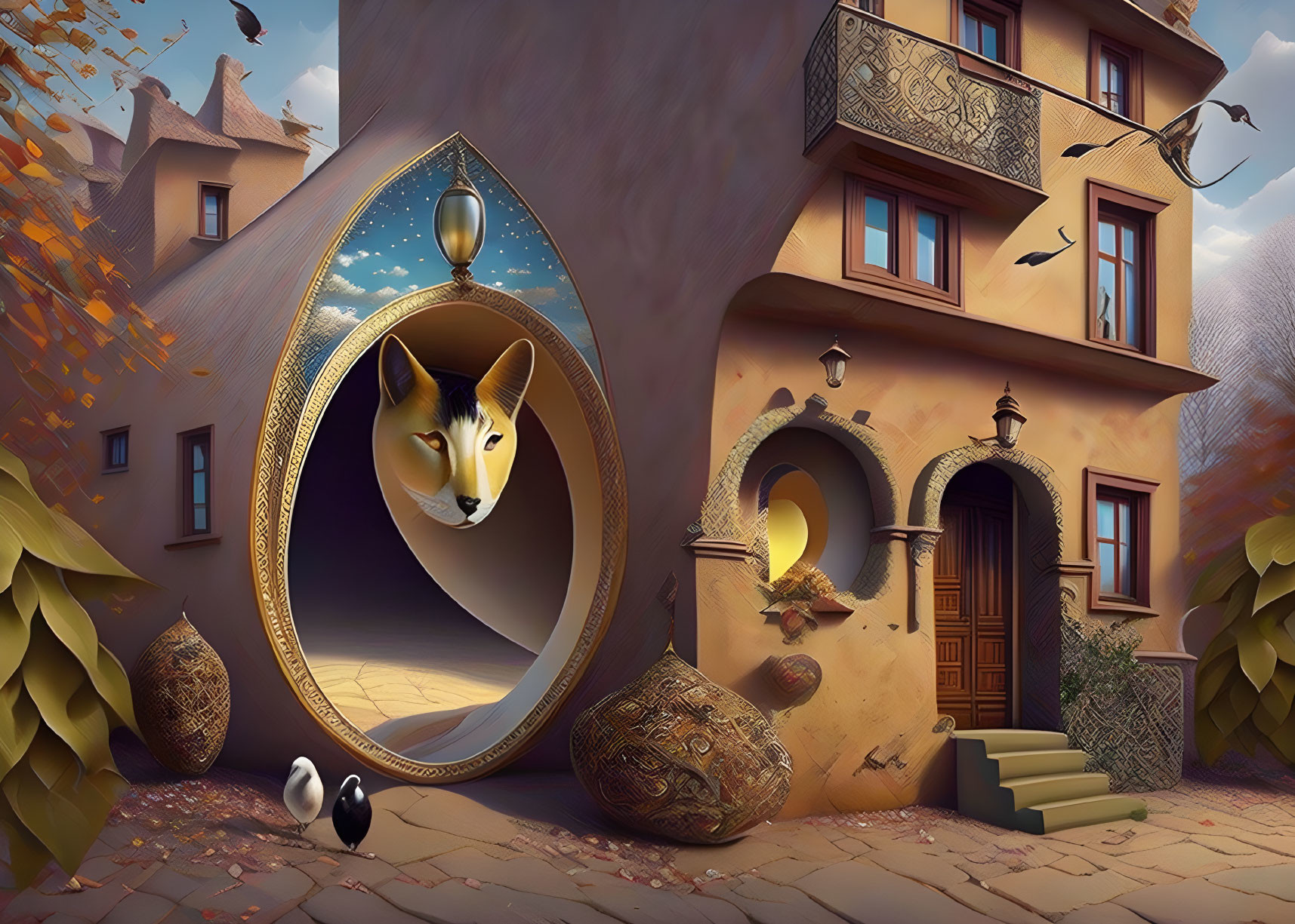 Surreal courtyard with cat-shaped door and floating objects