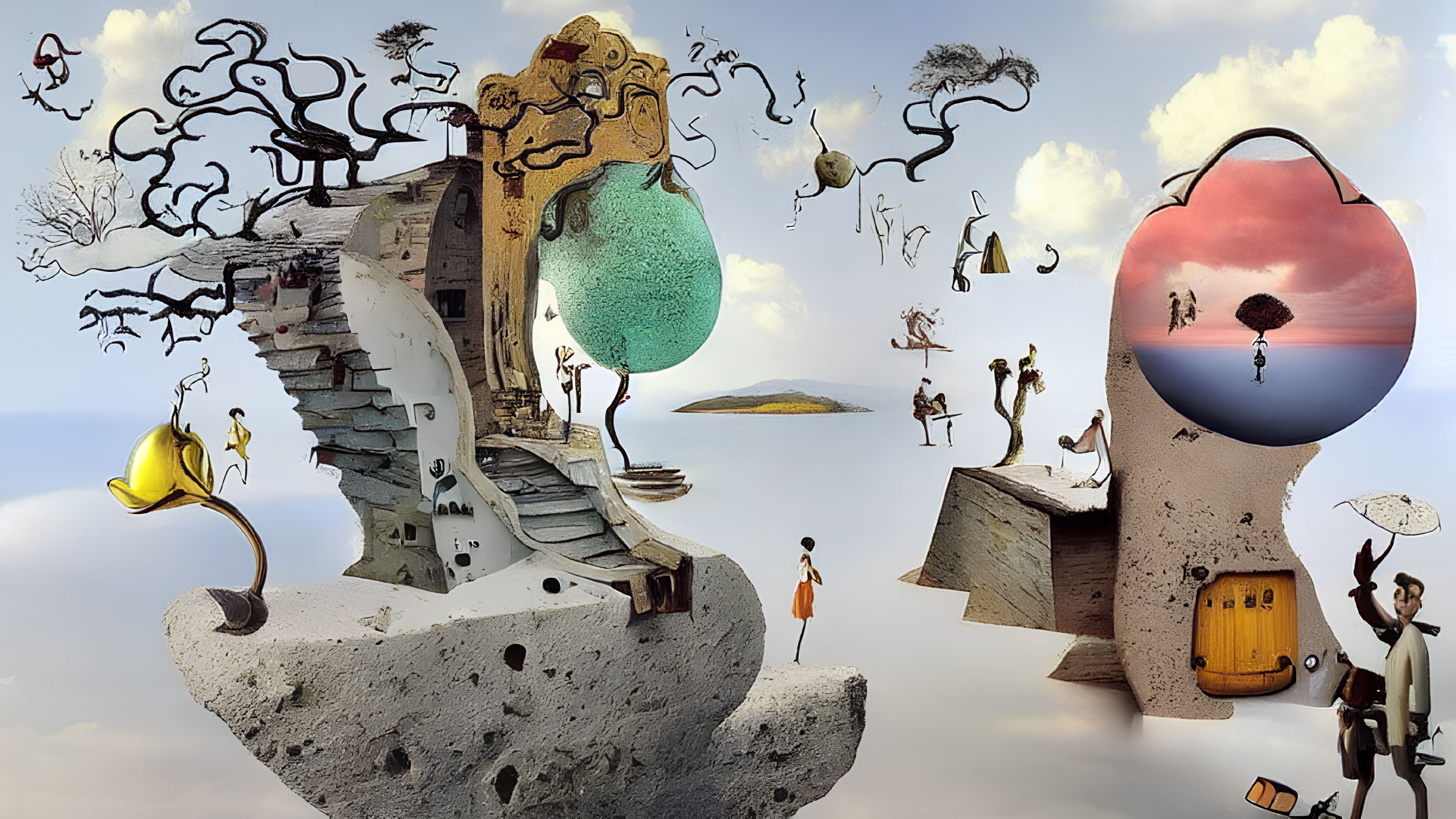 Surreal Landscape with Floating Islands and Whimsical Characters