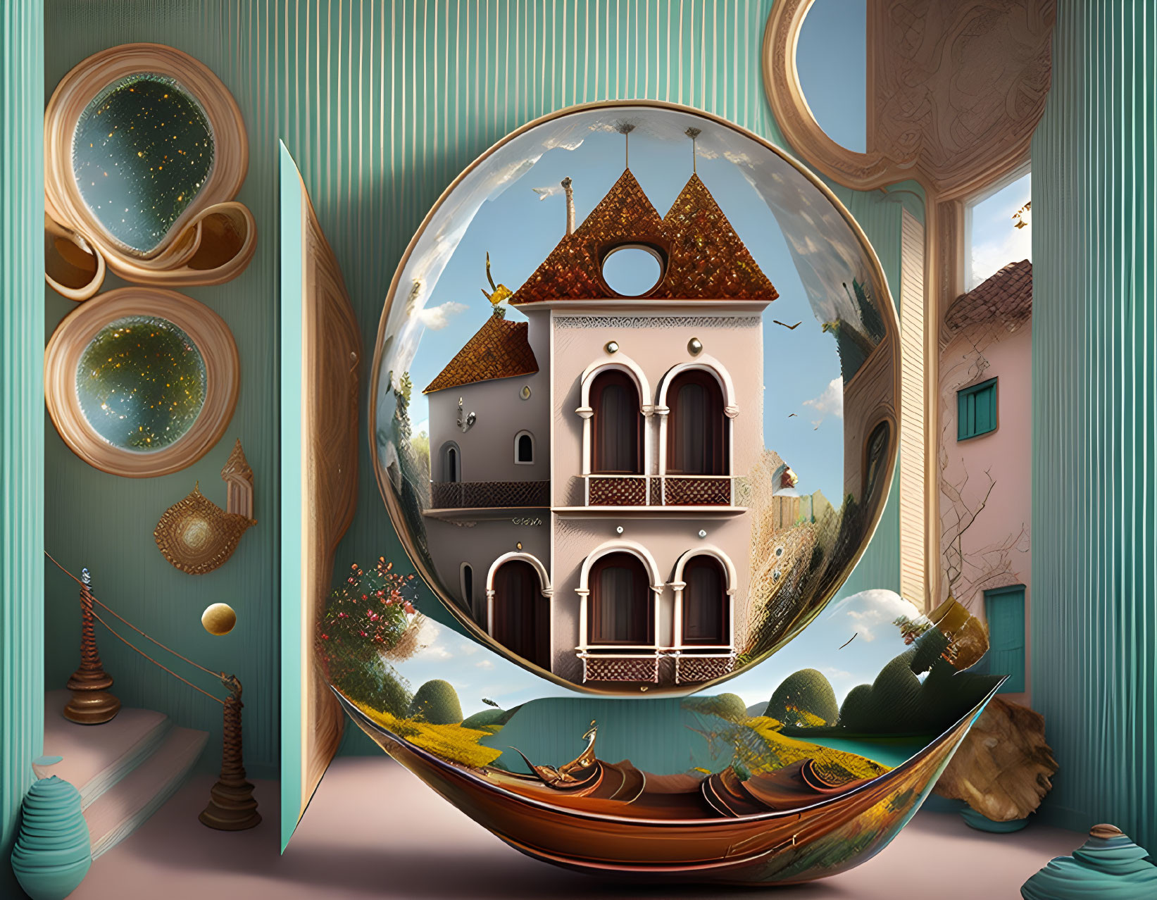 Surreal image of glass-like vessel with traditional house, boat, and celestial backdrop