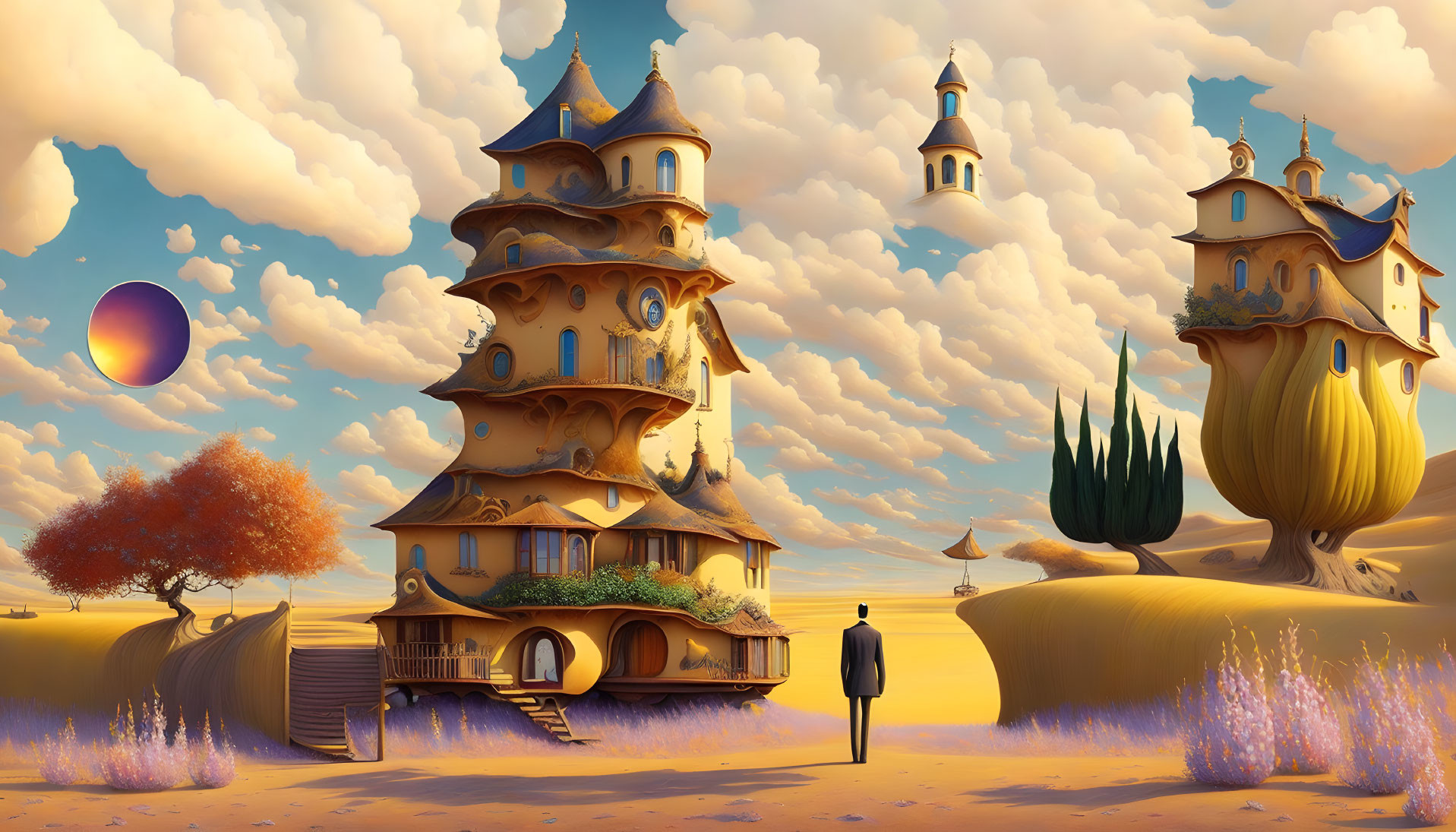 Whimsical surreal landscape with vibrant sky and unique elements
