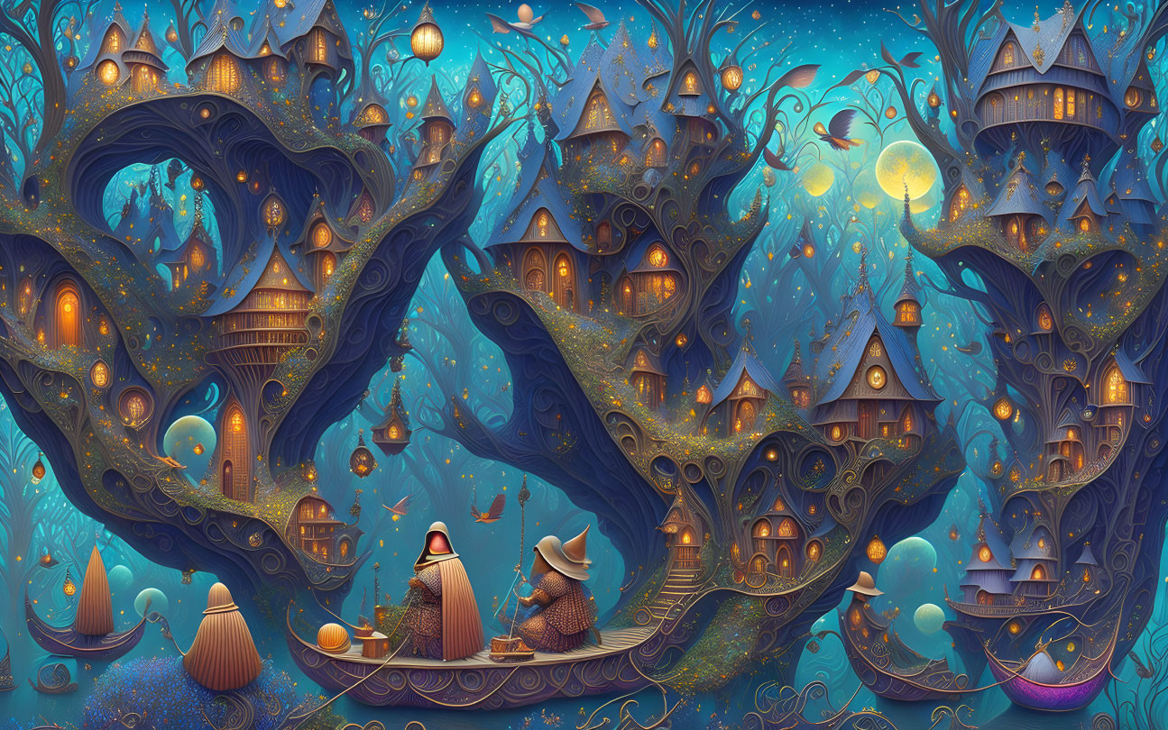 Detailed illustration of magical tree, fairy-tale houses, glowing orbs, moonlit sky, and character
