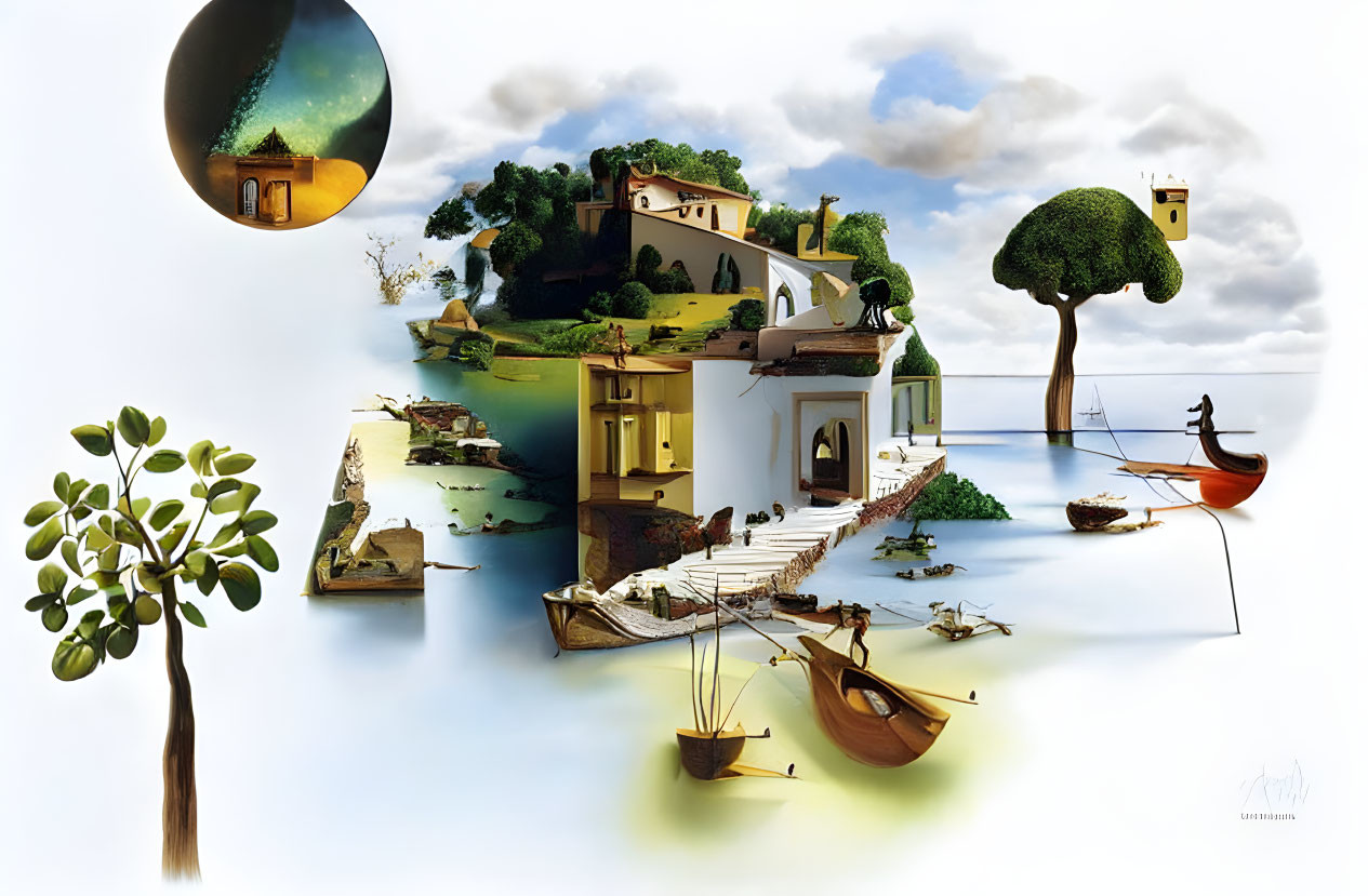 Surreal landscape with houses, boats, docks, trees, and water on white background