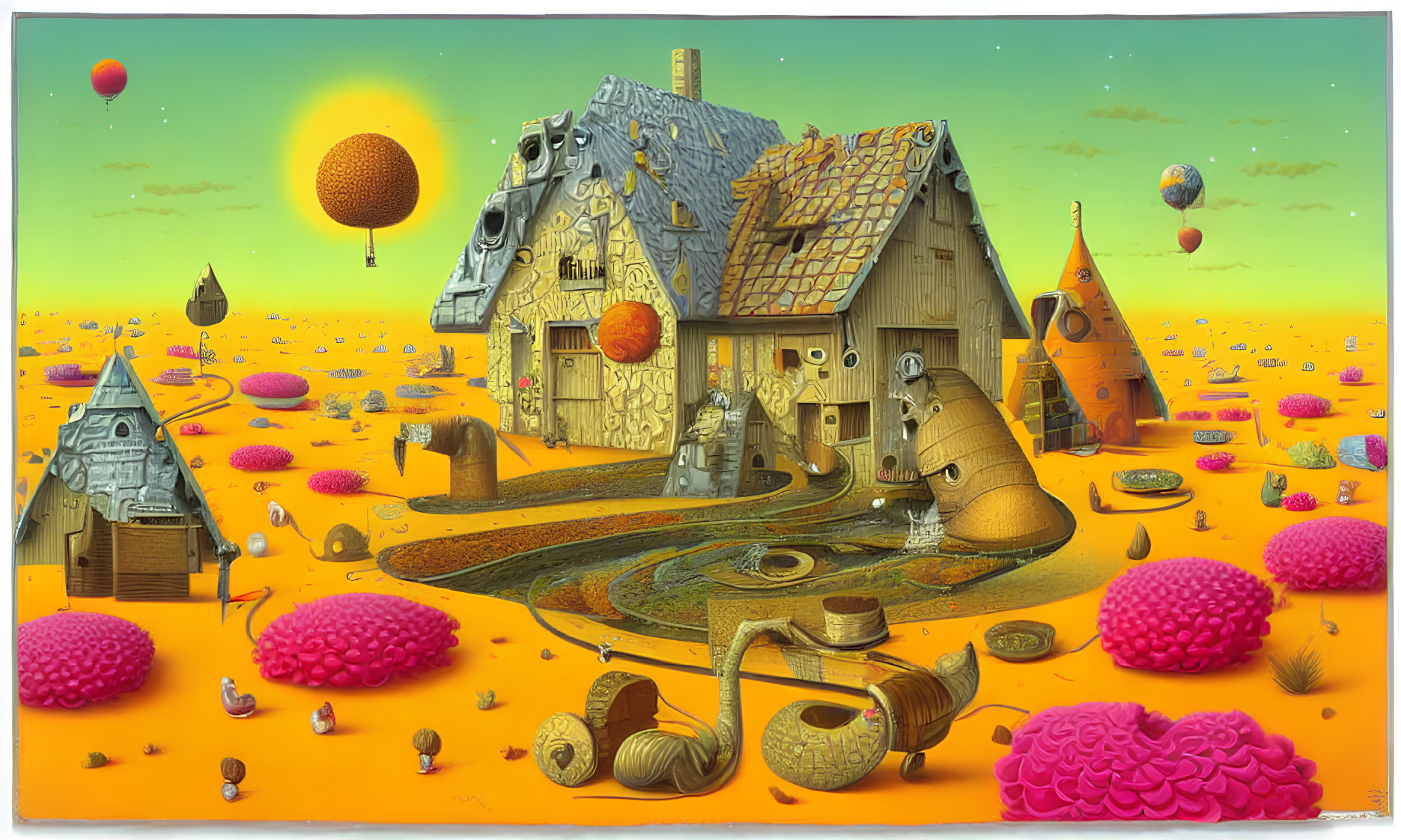 Surreal landscape with brain-shaped trees, cottage, and floating orbs