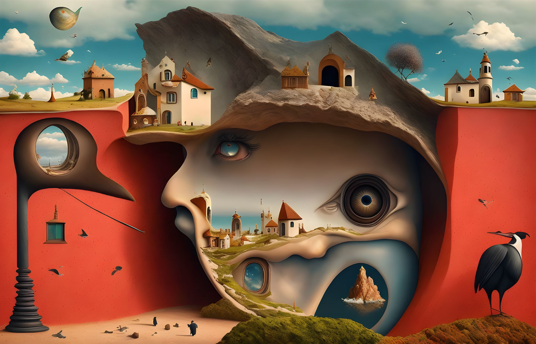 Surreal landscape with giant face, town windows, stork, and floating elements