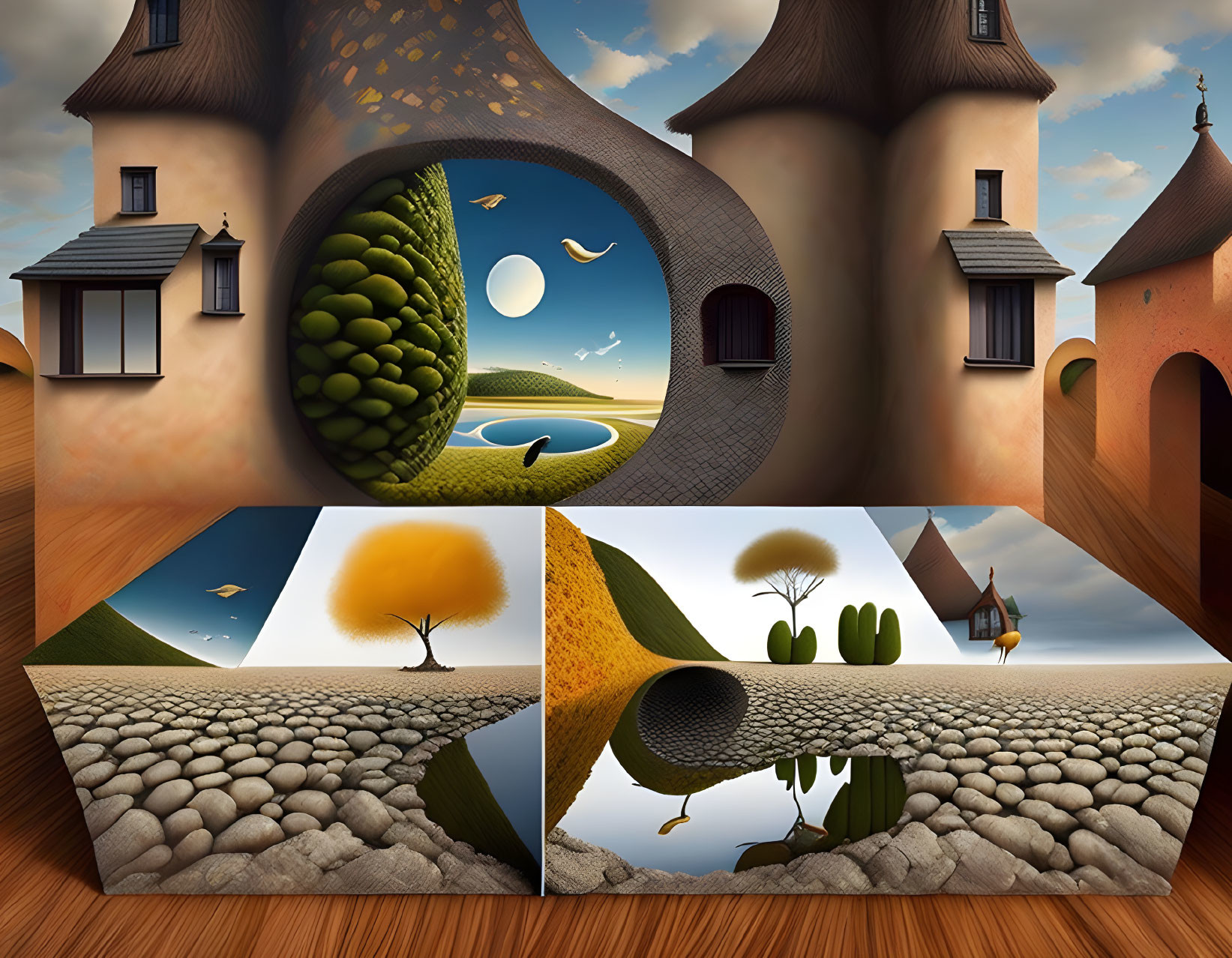 Surreal artwork: interior and exterior scenes blend with trees, birds, and structures