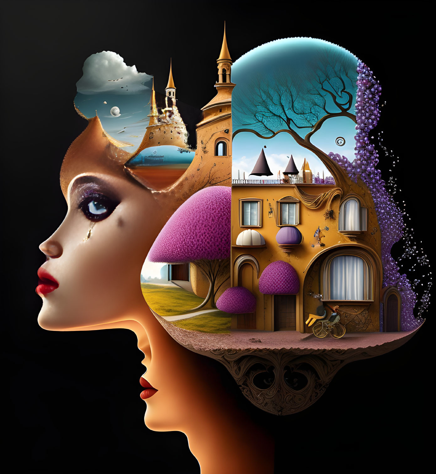 Woman's head merges with whimsical landscape in surreal profile