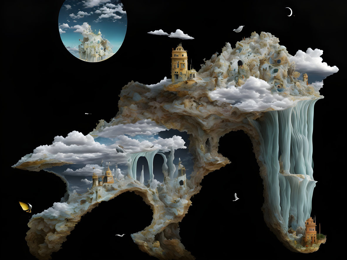 Fantasy landscape with floating rocks, castle structures, waterfalls, and night sky.