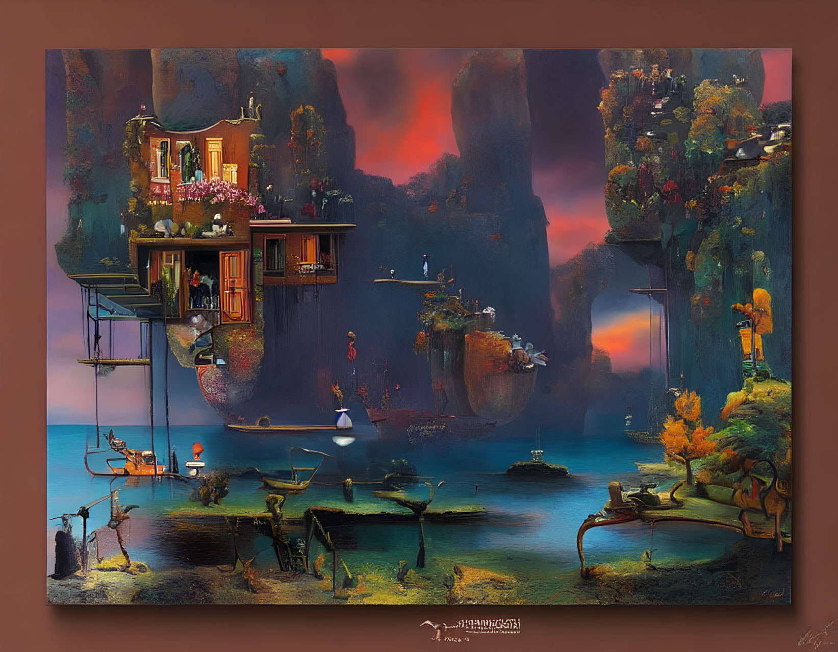 Surreal landscape with floating islands and vibrant skies