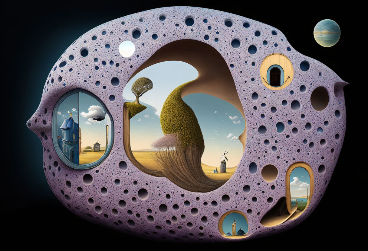Surreal artwork: Porous asteroid structure, bizarre landscape with trees, windmills, moons