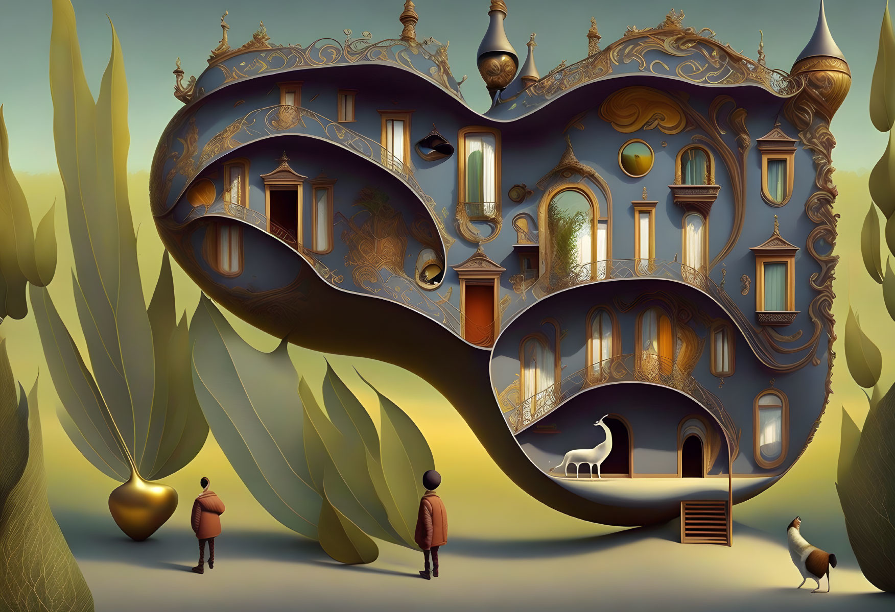 Surreal illustration of infinity-shaped building with ornate architecture, stylized figures, peacock,