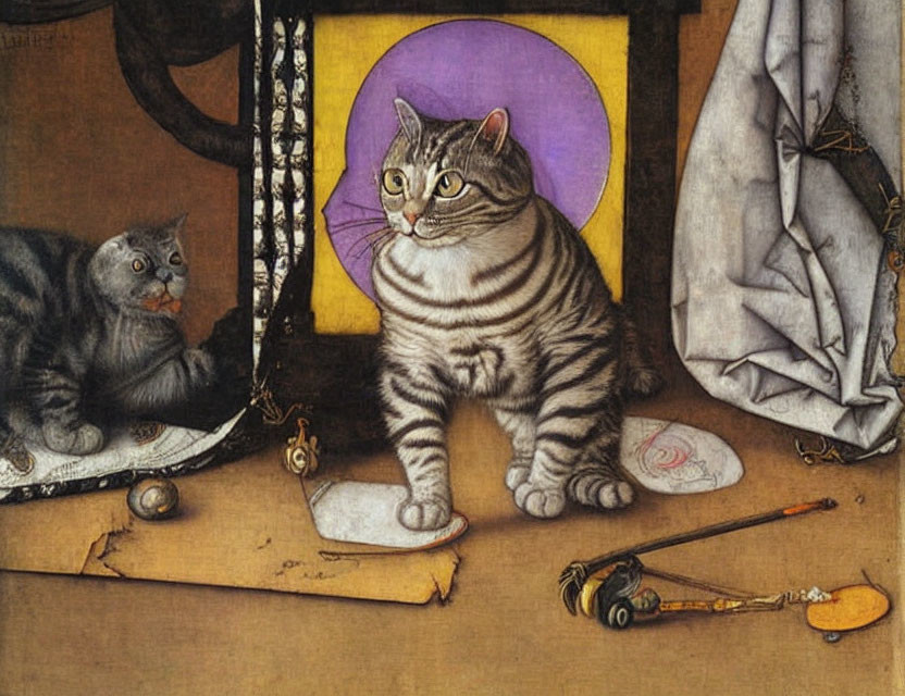 Artwork of striped cat in front of mirror with another cat's reflection, scroll, seal, spect