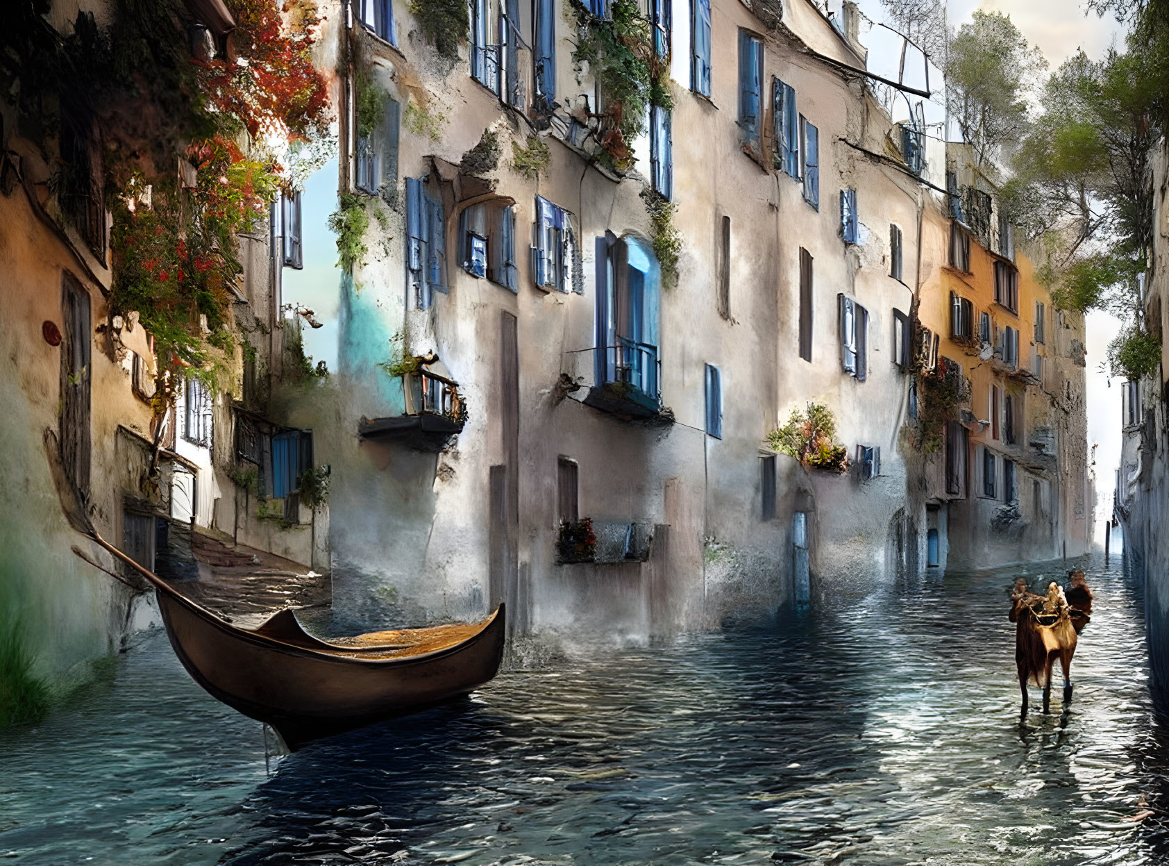 Surreal artwork: gondola, camel, water street, quaint buildings