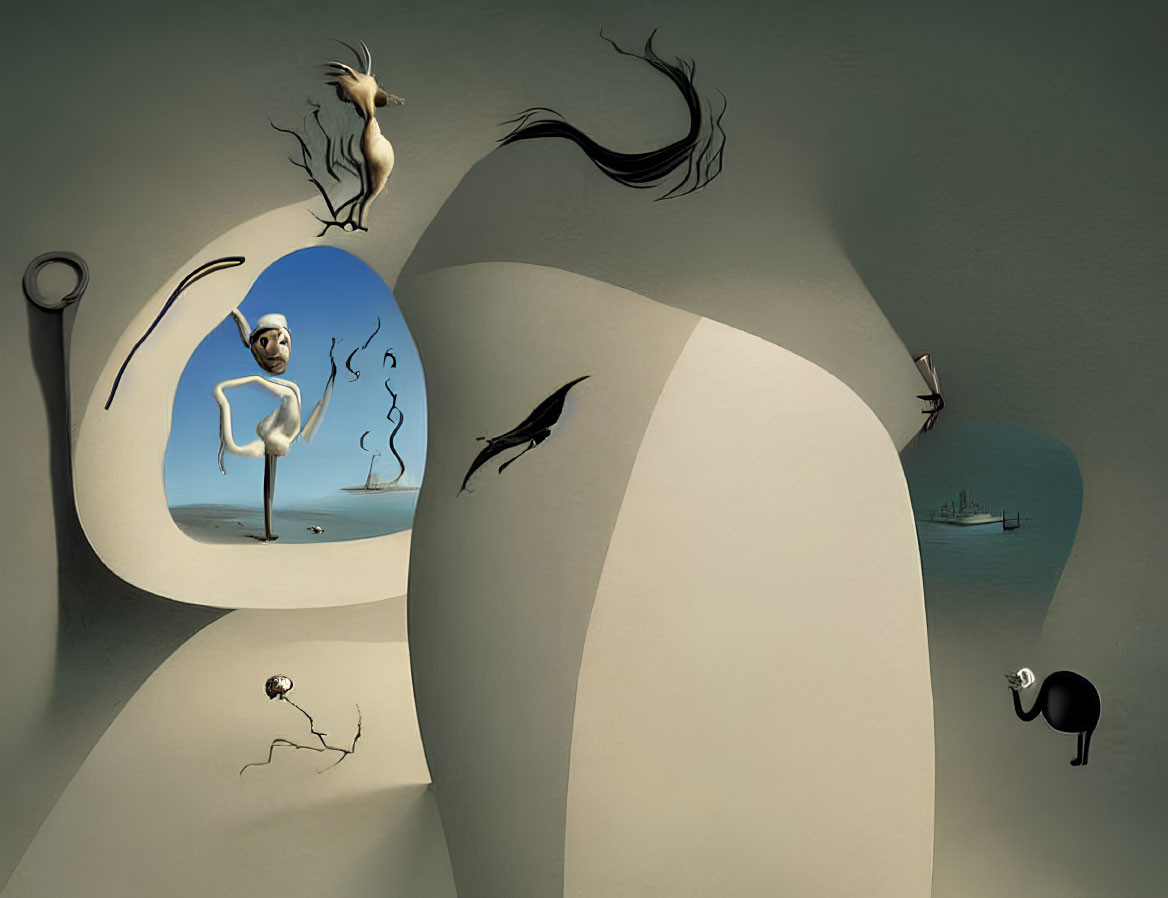 Surreal landscape with stylized figures and animals in muted colors