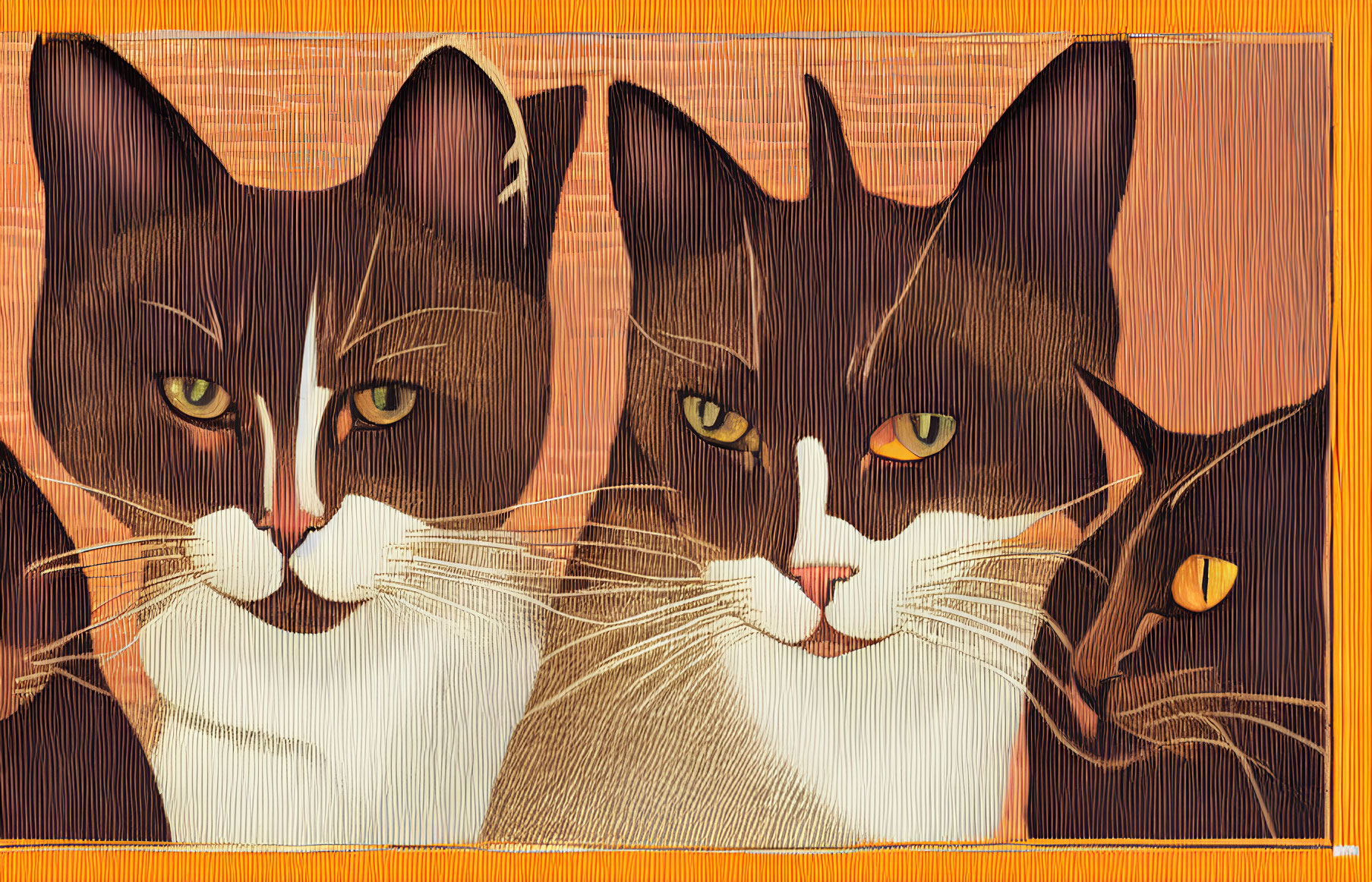 Stylized cartoon cats with white markings and yellow eyes on orange background
