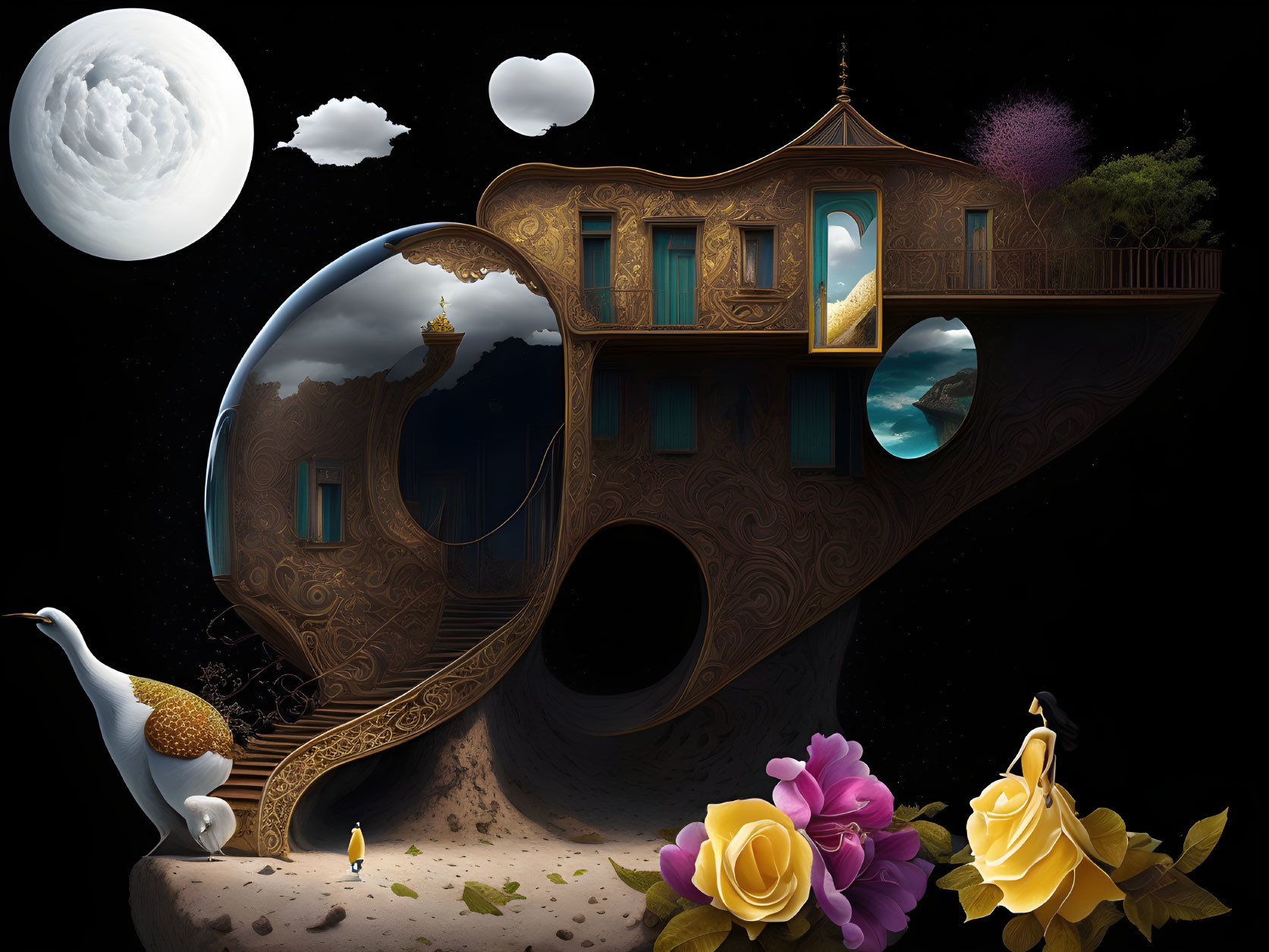 Ornate violin-shaped building in surreal night sky