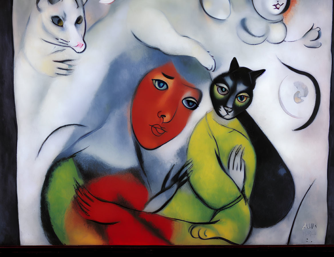 Colorful painting of stylized blue figure holding cat among abstract feline shapes