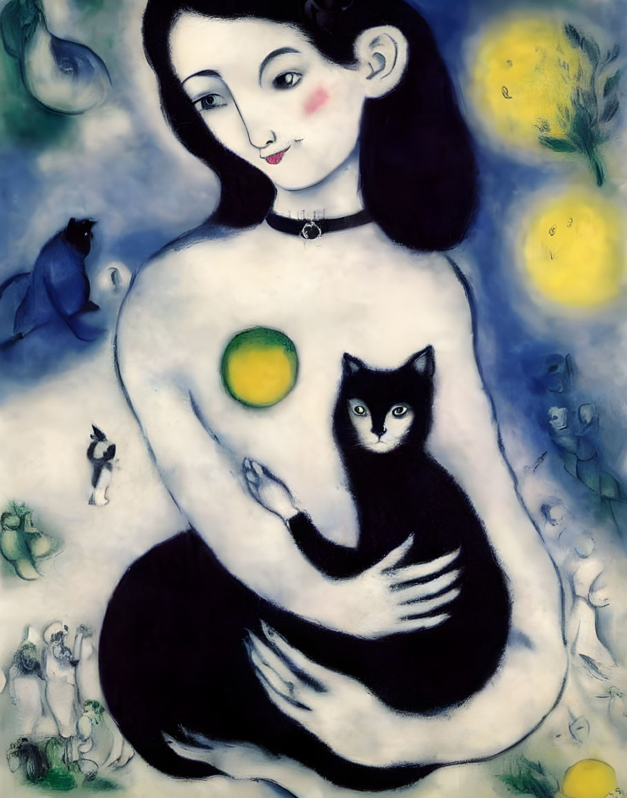 Stylized painting featuring woman, black cat, tiny creatures, blue birds, and glowing orbs