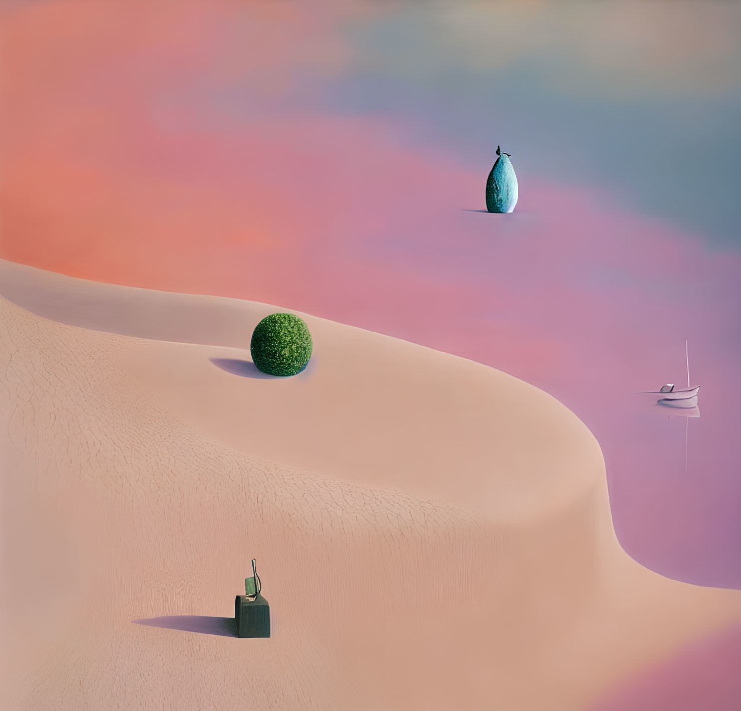 Surreal landscape with sandy hill, tree, pear, bottle, sailboat under pastel sky