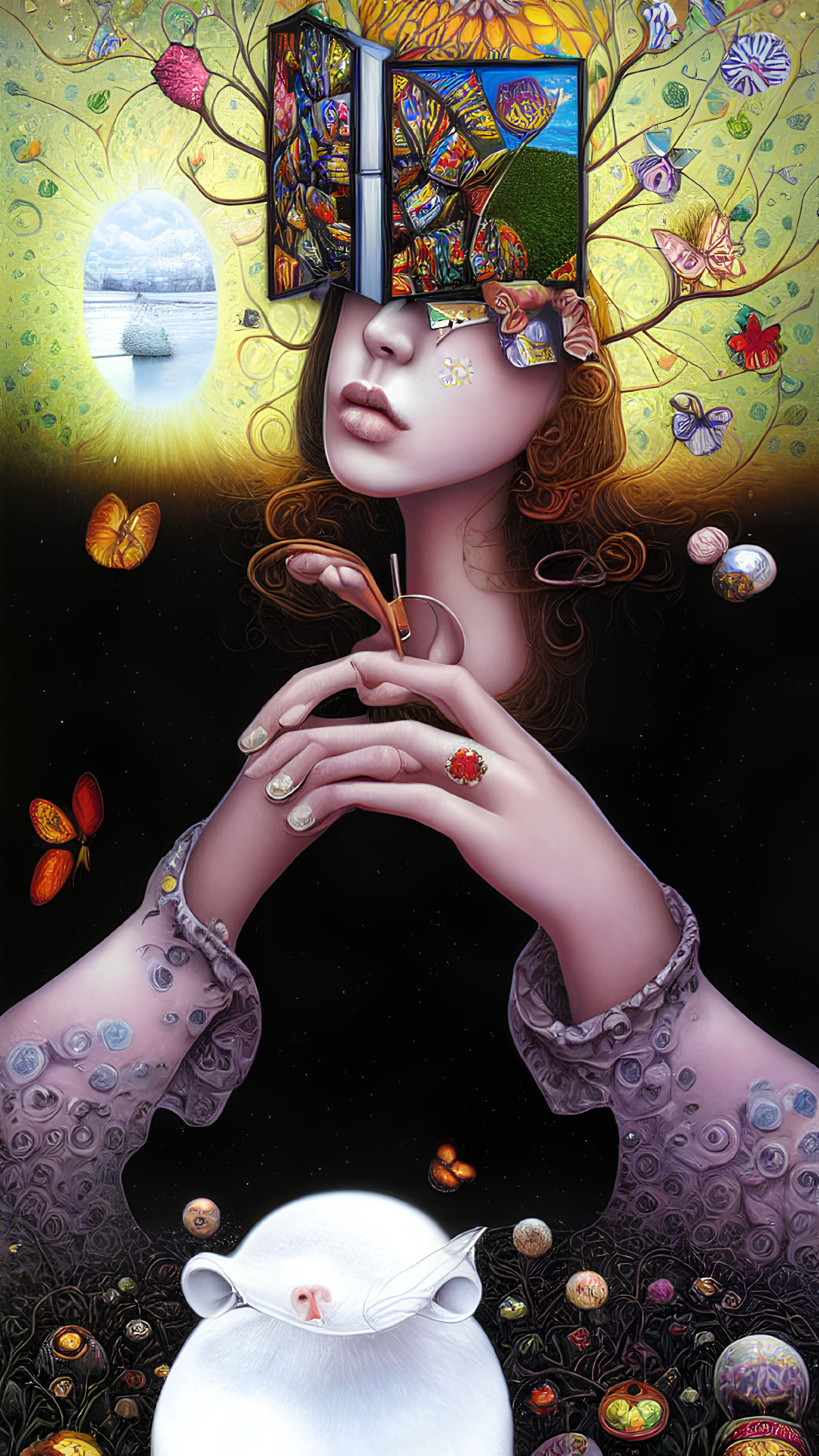 Colorful Woman with Headpiece, Butterflies, Cat, and Cosmic Background