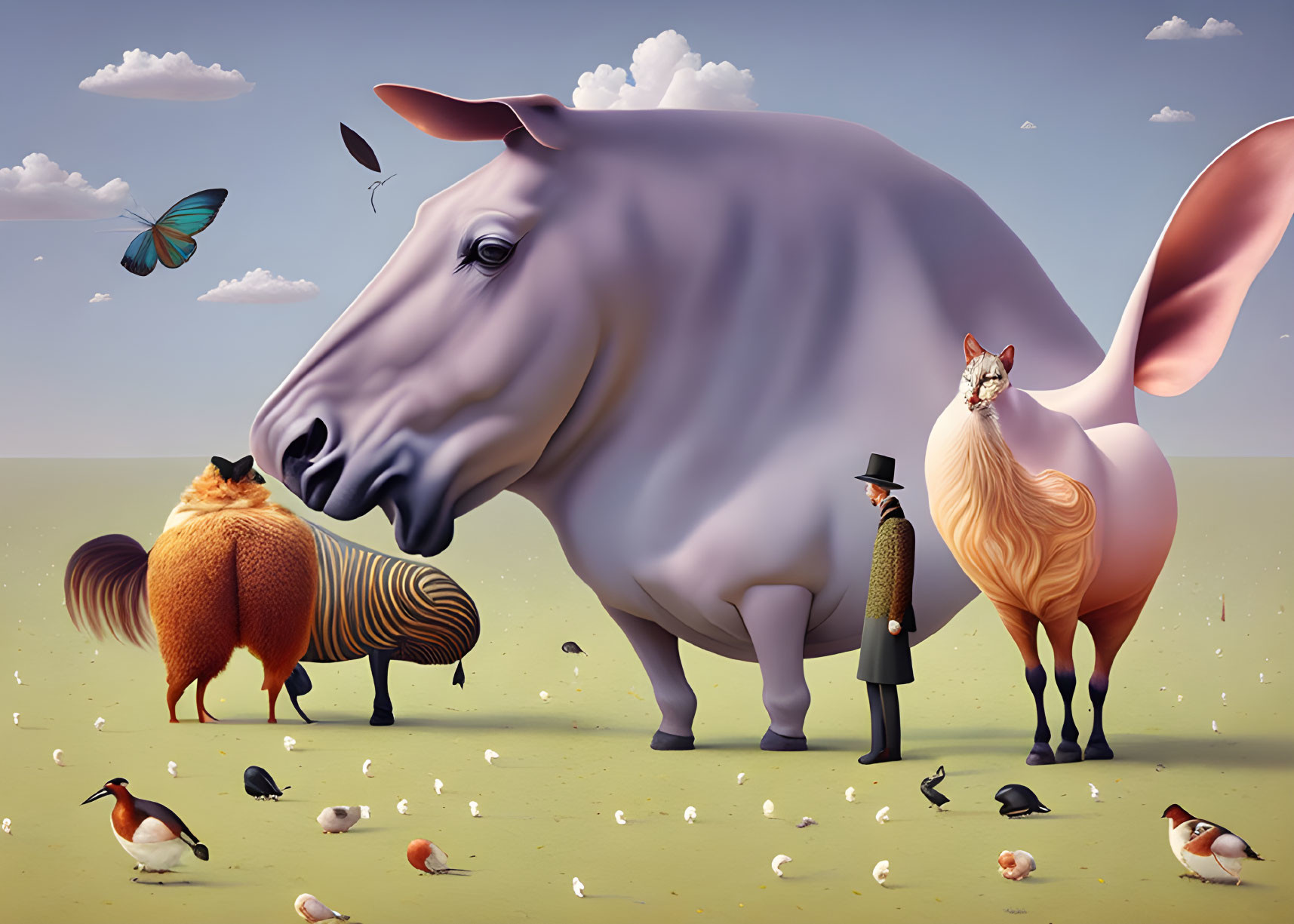 Surreal digital artwork: Oversized animals, small man with hat, serene sky.