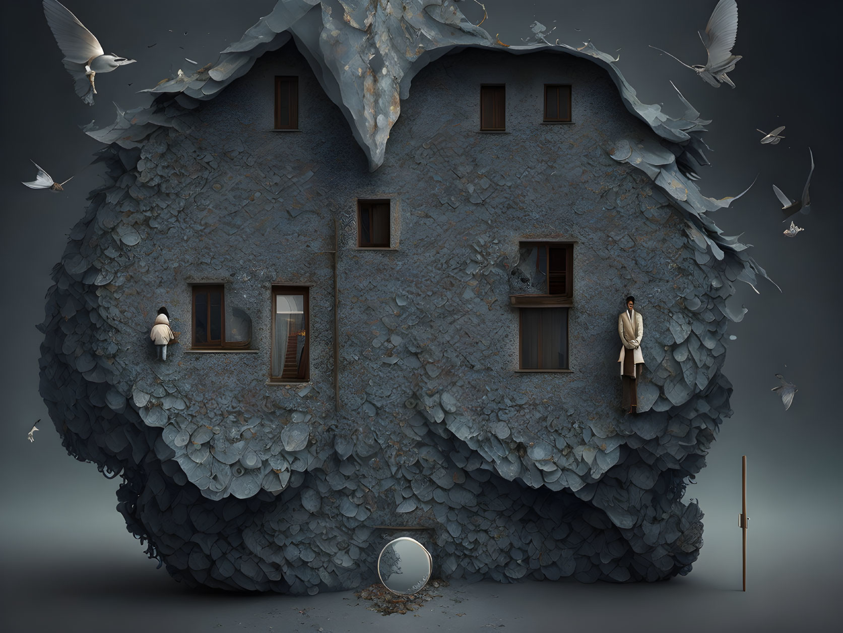 Surreal heart-shaped house with blue scales, people in windows, and birds flying.